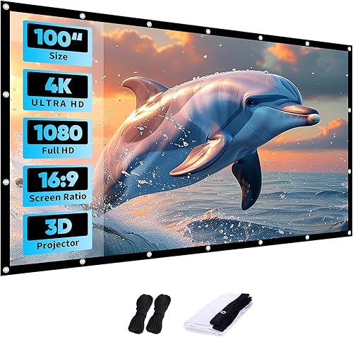 Pantalla de proyector de 100 pulgadas, pantalla de proyector de película 4K HD 16:9 HD plegable y portátil, antiarrugas, proyección para interiores