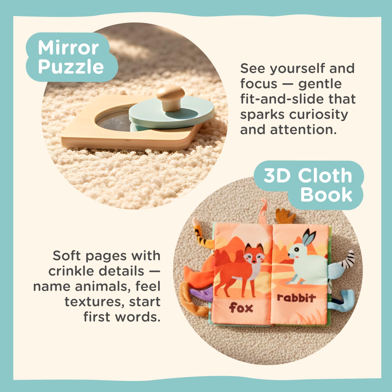 Nene Toys Zabawki Montessori dla Niemowląt 6–12 Mies. – Drewniany Zestaw Sensoryczny: Skrzynka Permanencji, Wieża Silikonowa, Puzzle z Lustrem, Książeczka, Gryzak, Grzechotka i 8 Bloków
