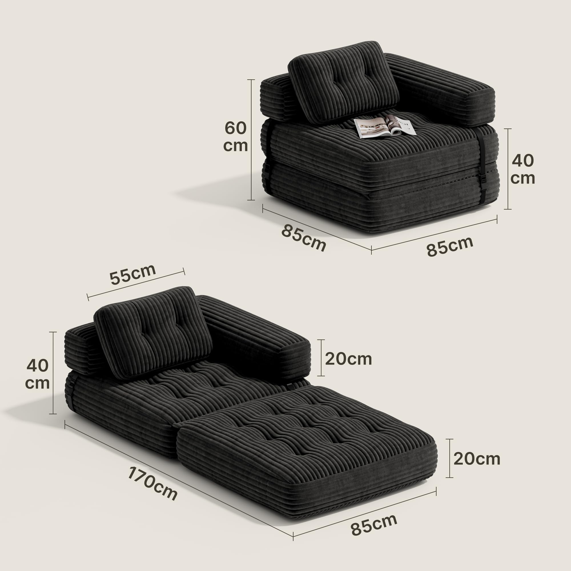 Xbro Canapé-lit Pliable avec Accoudoirs en L, Fauteuil Convertible en Lit 2 en 1 Portable pour Petits Espaces, Tissu Velours Côtelé avec Rembourrage en Mousse, 170 x 85 cm, Déplié,Noir