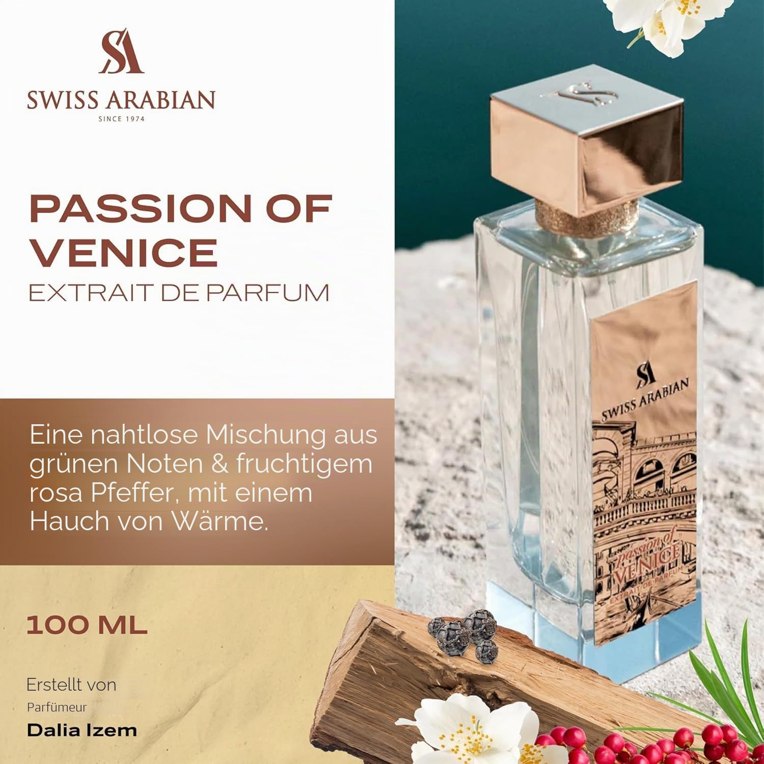 Swiss Arabian Passion of Venice Uni-Parfüm-Extrakt, 100 ml – eine luxuriöse Fusion aus grünen Noten, Jasmin und warmem Ambermoschus – ein fesselnder und zeitloser Duft