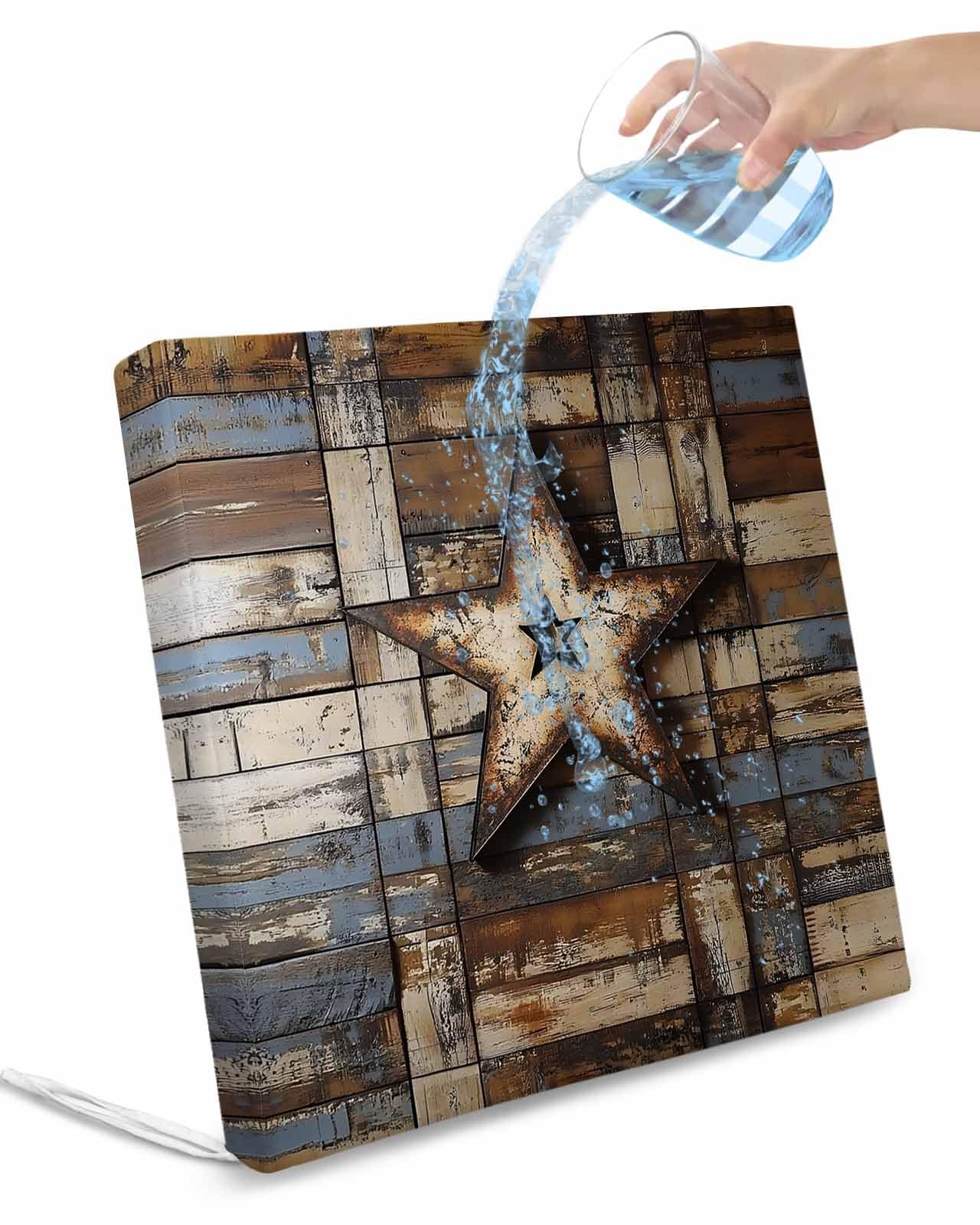 2 Pack Country Star Retro Waterproof Cushion Covers with Ties, Outdoor Patio Chaise Lounge Chair Seat Cushion Slip Covers Replacement(Only Cover) Farmhouse Brown Blue Wooden Grain 22