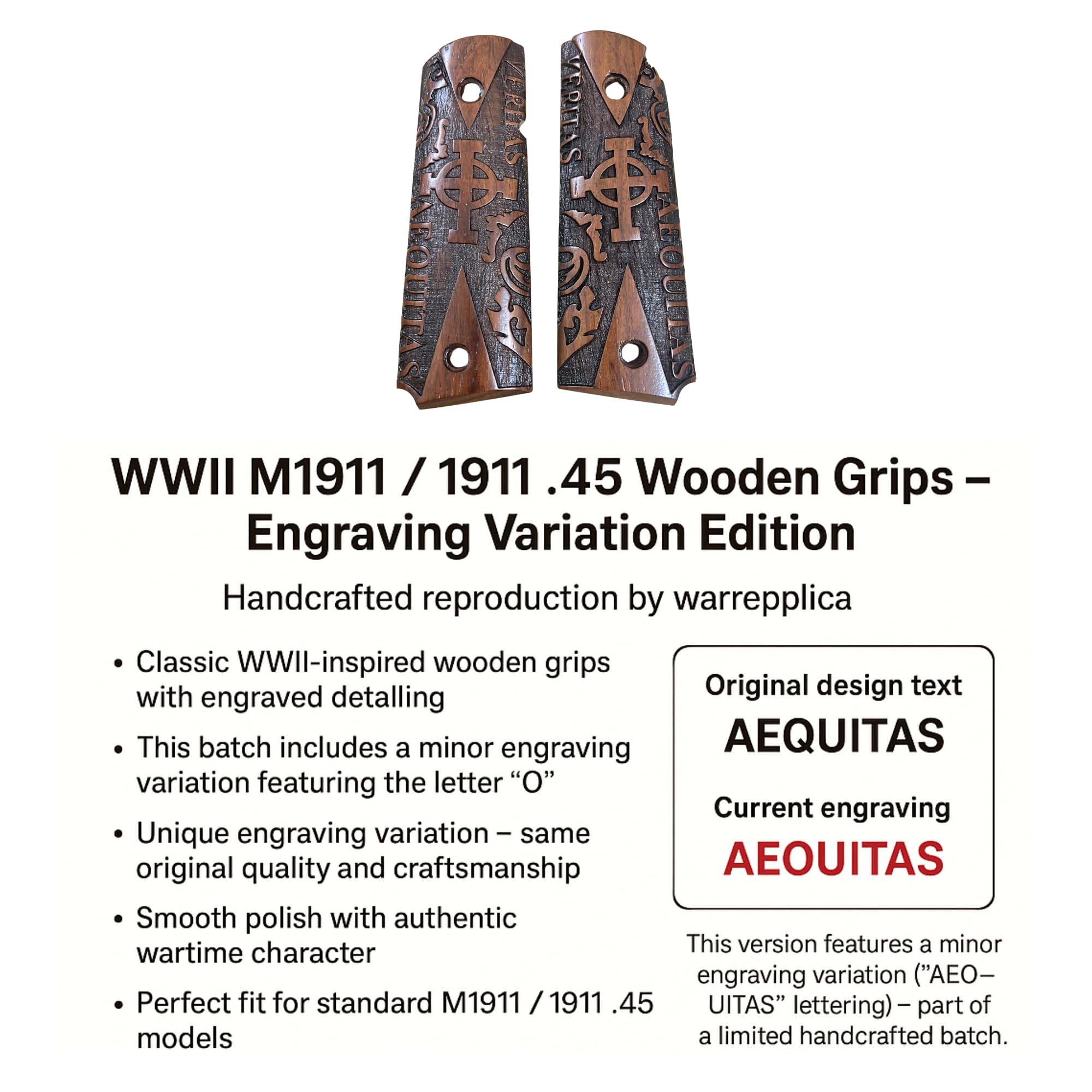 WWII US M1911/1911 .45 Holzgriffe – Reproduktion (Veritas Aequitas Kreiskreuz)