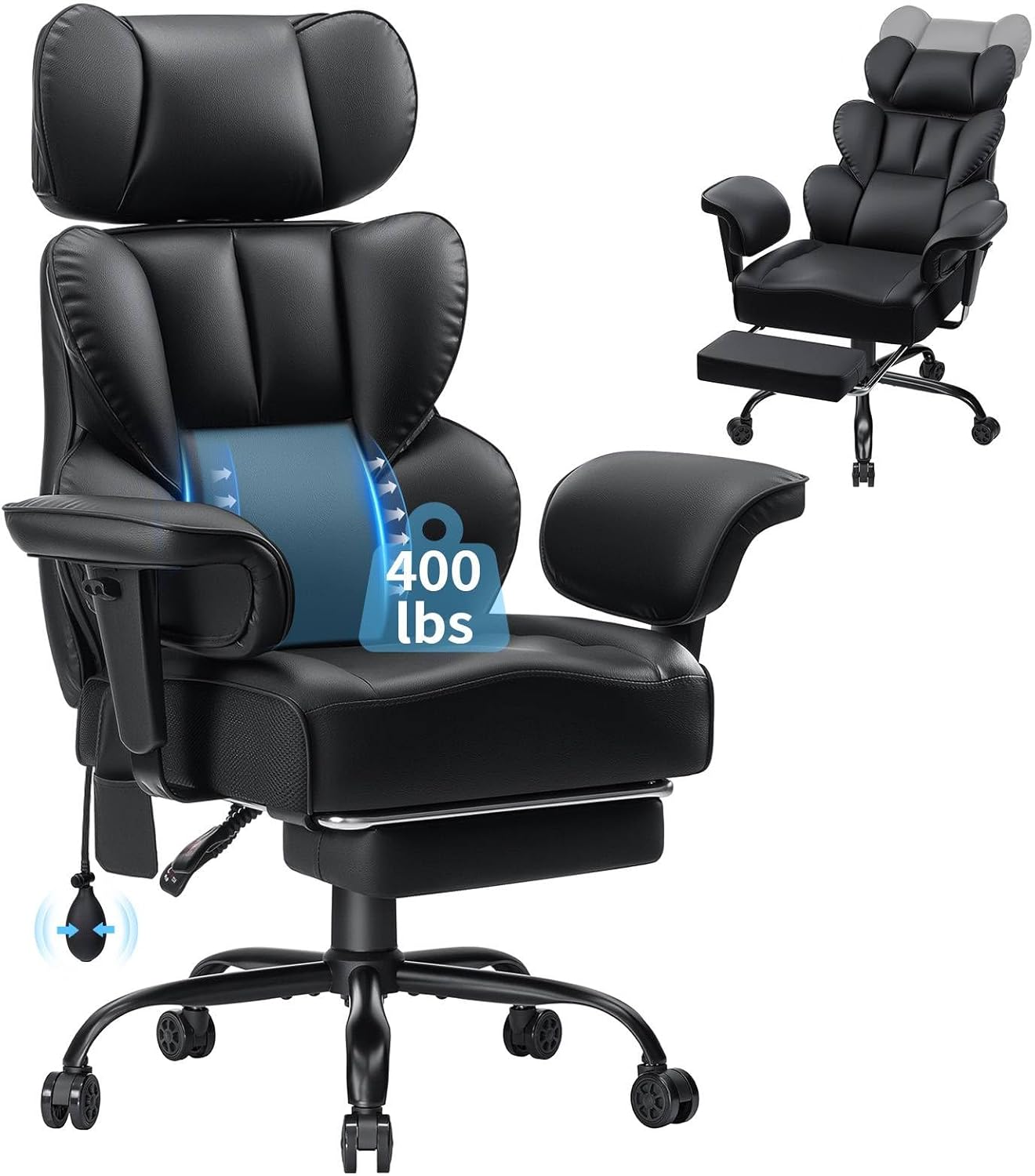 HOFFREE 400lbs Executive Office Chair with Adjustable Headrest & Lumbar Support Reclining Office Chairs for Heavy People Computer Desk Chair with Adjustable Padded Armrest Black
