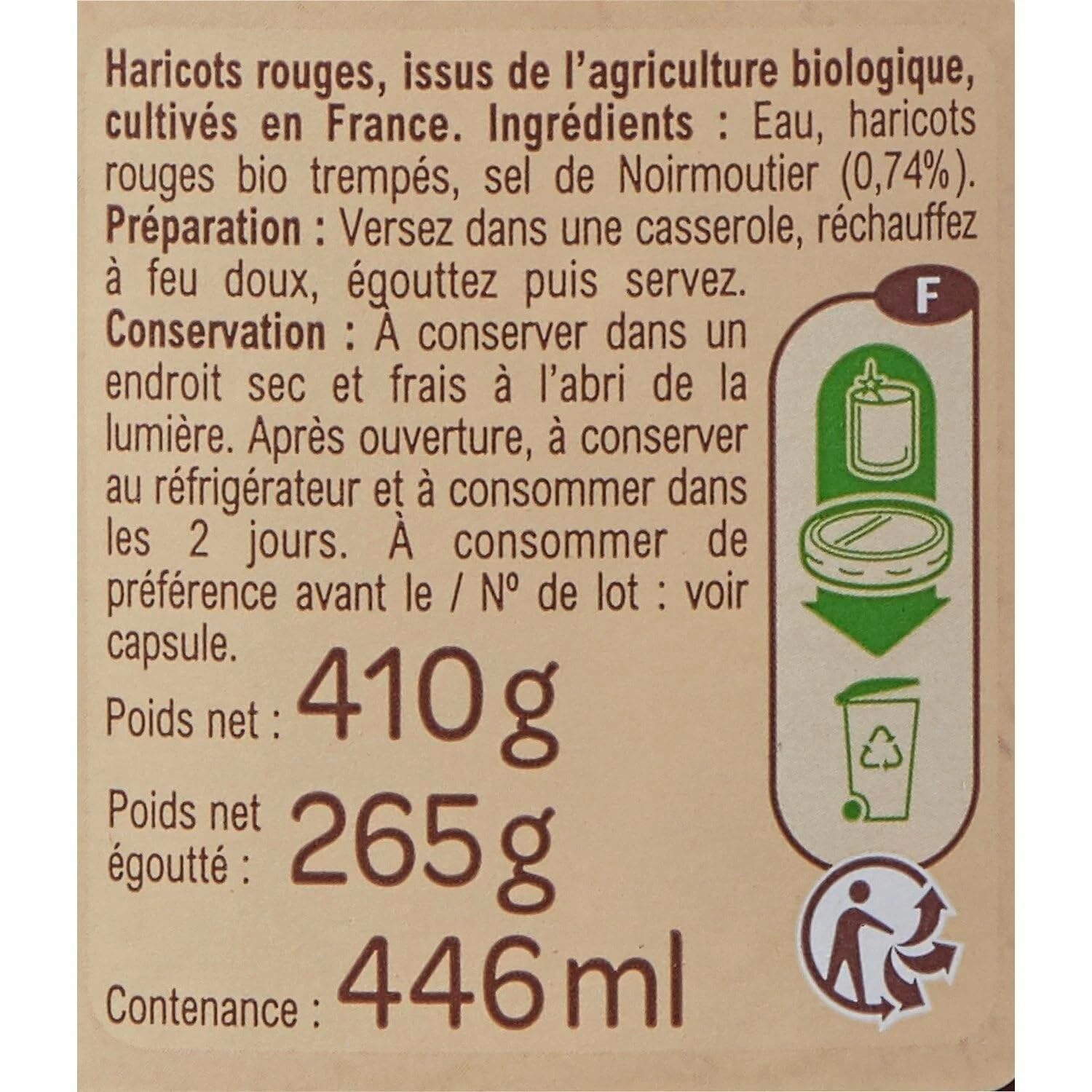CARREFOUR BIO - Haricots Rouges Bio - Sel de Noirmoutier - le bocal de 265g net égoutté - 410g - Le Lot De 4