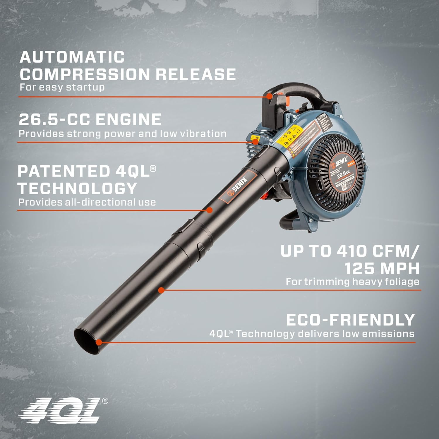 SENIX 26.5cc Gas Leaf Blower, 4-Cycle Engine Handheld Gas Powered Blower, 410CFM & 125MPH, 7000RPM, for Lawn Care, Leaf & Debris Cleanup, Driveways