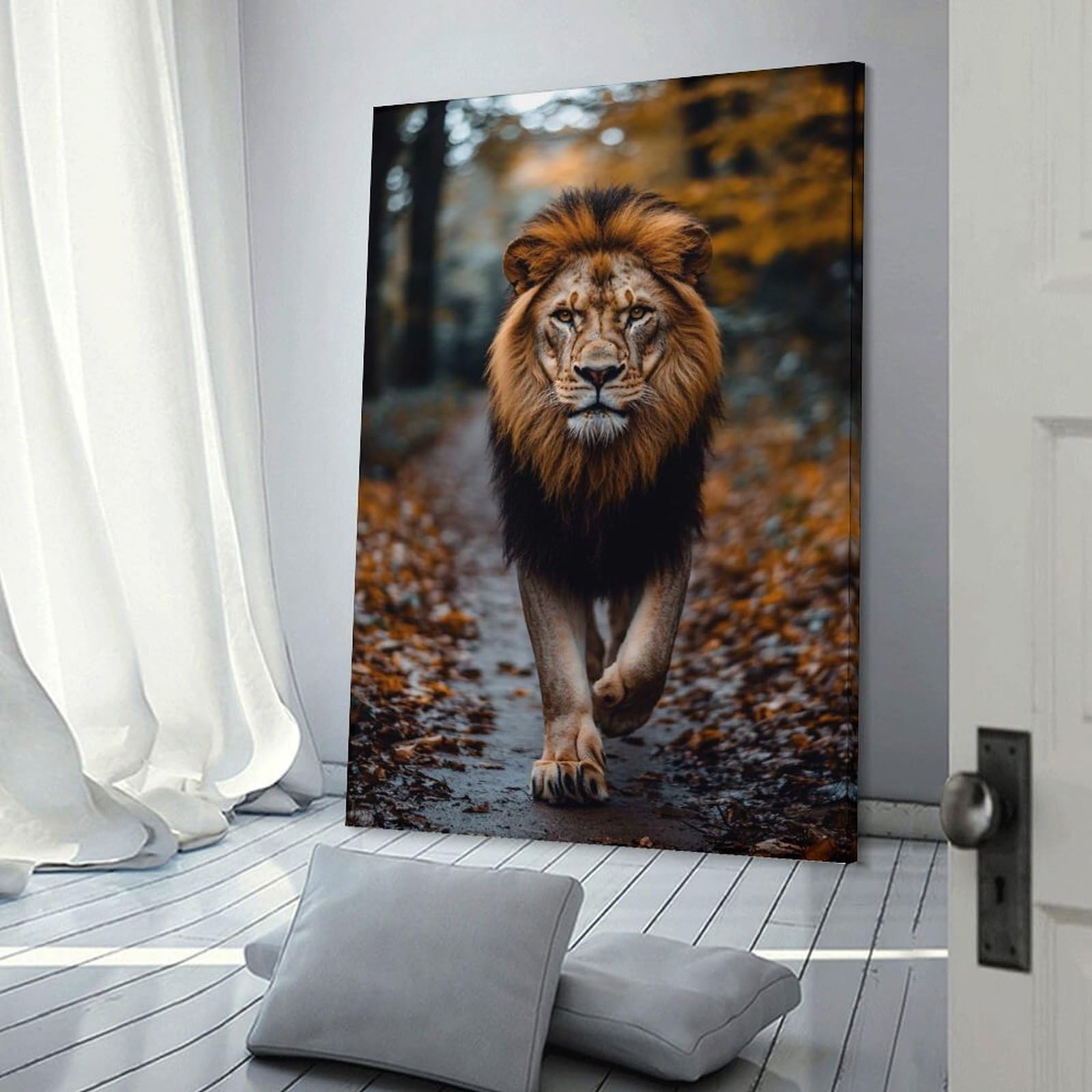 Junmoney Majestic Lion Walking Through Autumn Forest Canvas Wall Art 24x36inch(60x90cm), for Work Areas, Reading Rooms Or Studios, A Smart Decor Choice for Study Walls