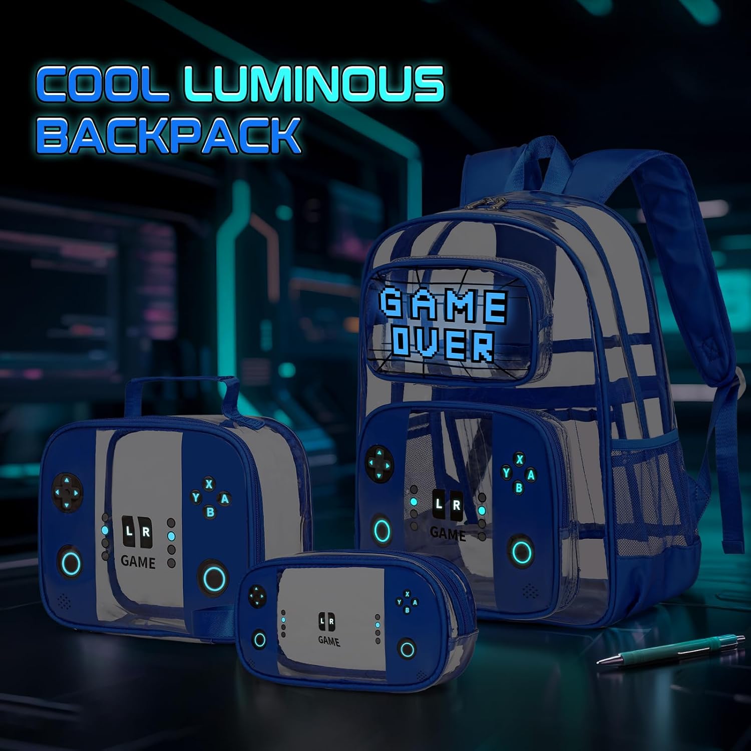 Clear Backpack for Boys, PVC Transparent Cool Luminous Gamer Backpack for Boys Girls Kids Children Teens Elementary Middle School, Clear Bookbag with Lunch Box & Pencil Case Set (Blue) - Image 3