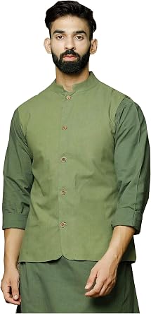 Mens Indian Cotton Nehru Jacket || Bandhgala Jodhpuri Sleeve Less Waistcoat ONLY Green, Green, Large
