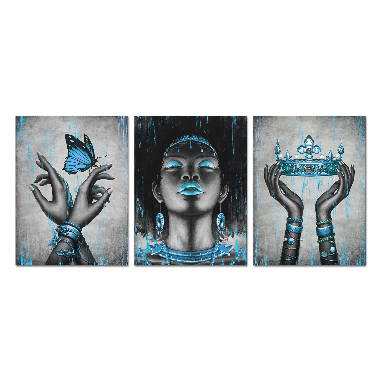 WelmecoBeautiful Black American Woman Canvas Wall Art Hands with Blue Crown Butterfly Fashion Charm Girl Picure Giclee Prints Gallery Wrapped Artwork Ready to Hang for Living Room Bedroom Decoration