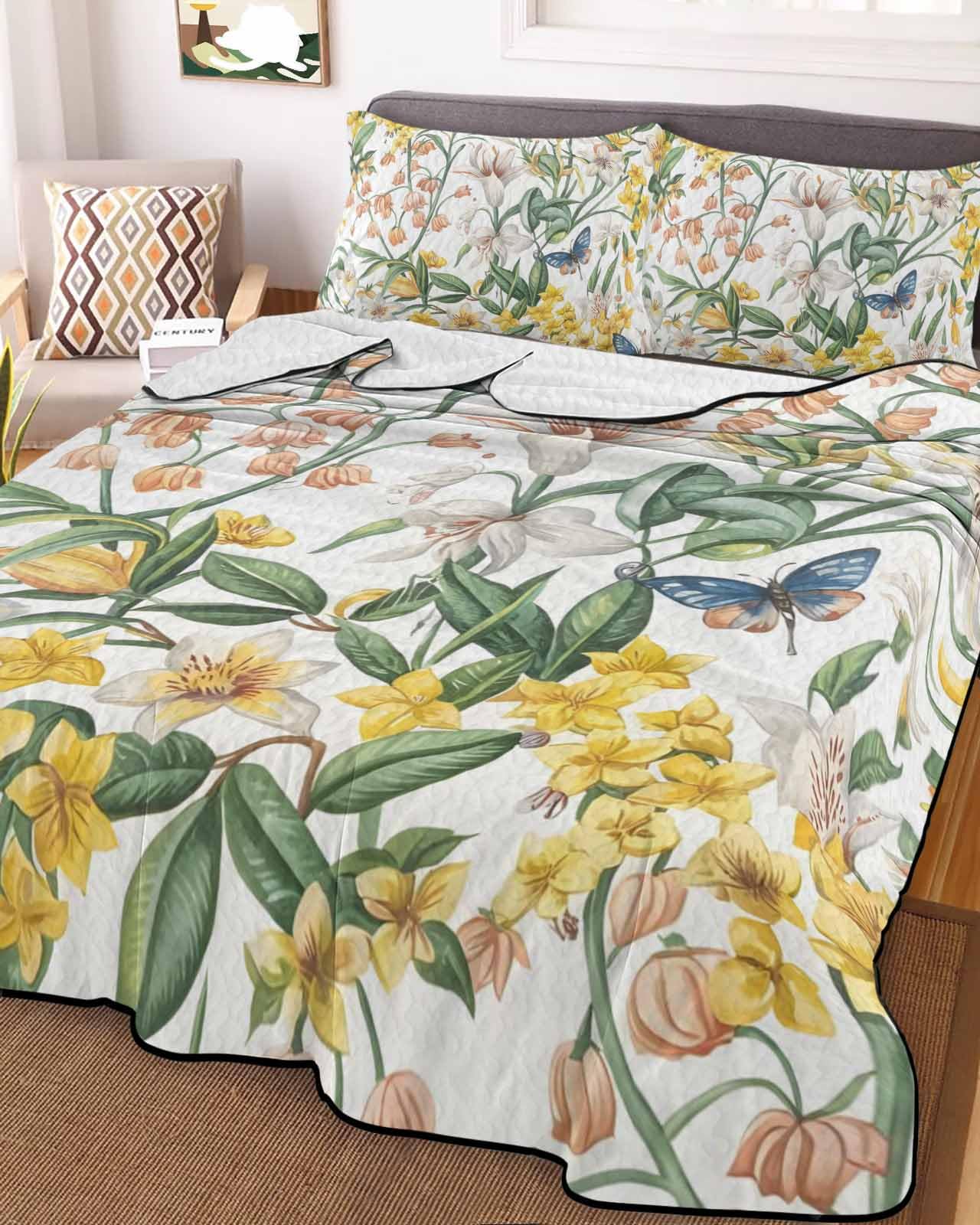 Reversible Down Alternative Comforter Quilted, Pastoral Floral Blue Butterfly Duvet Insert Lightweight Soft Bedspread Throw Blankets Summer Blossom Flower for All Seasons Bed Sofa Decor