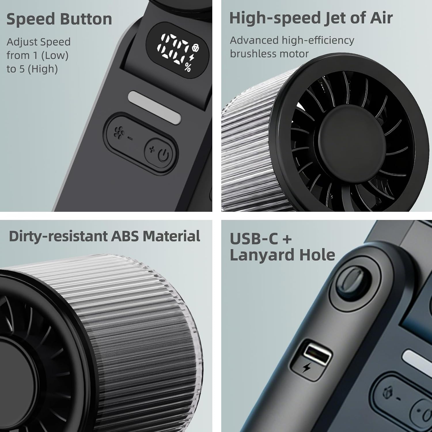 Portable Handheld Turbo Fan, 8m/s High Speed Portable Fan 5 Speed (1-100), 180° Foldable Personal Handheld Fans with Powerful Rechargeable Battery, Mini Fans, Digital Display for Outdoor (Black)