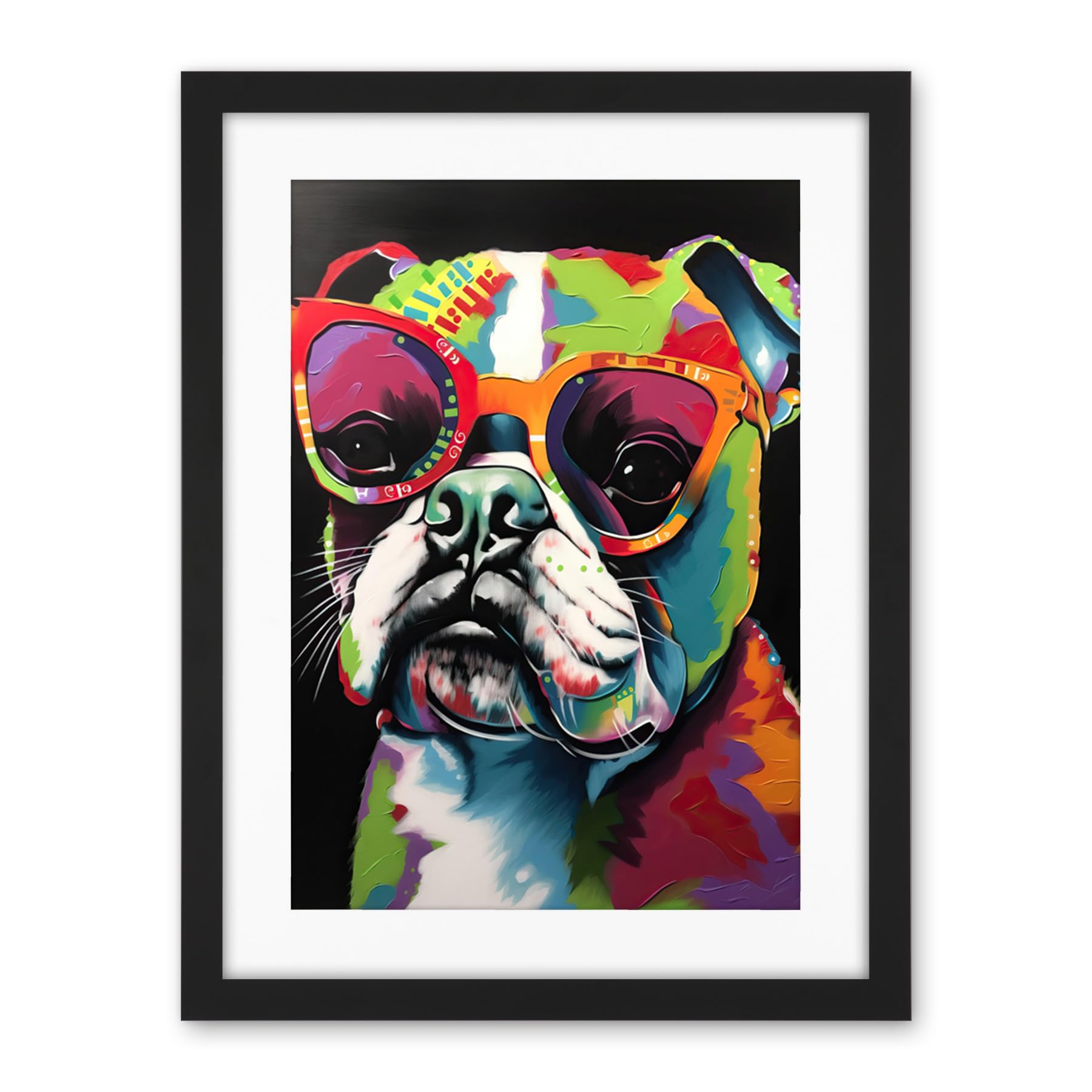 Artery8 Rainbow Colour English Bulldog Puppy in Sunglasses Artwork Framed Wall Art Print 18X24 Inch
