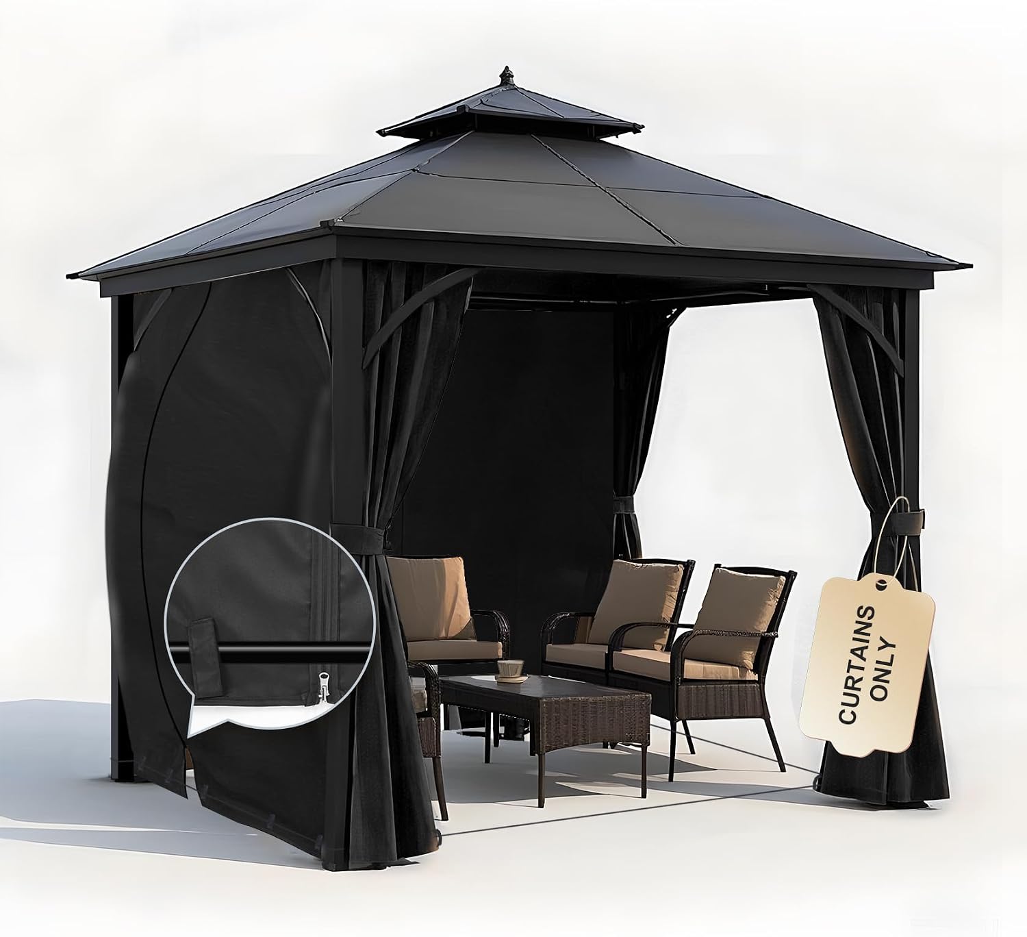 Gazebo Privacy Curtains, 4 Panels Universal Replacement Curtain for Gazebos, 12'Wx12'Lx6.7'H, Waterproof Polyester Cover for Outdoor Pergola/Patio with Double Zipper - Black