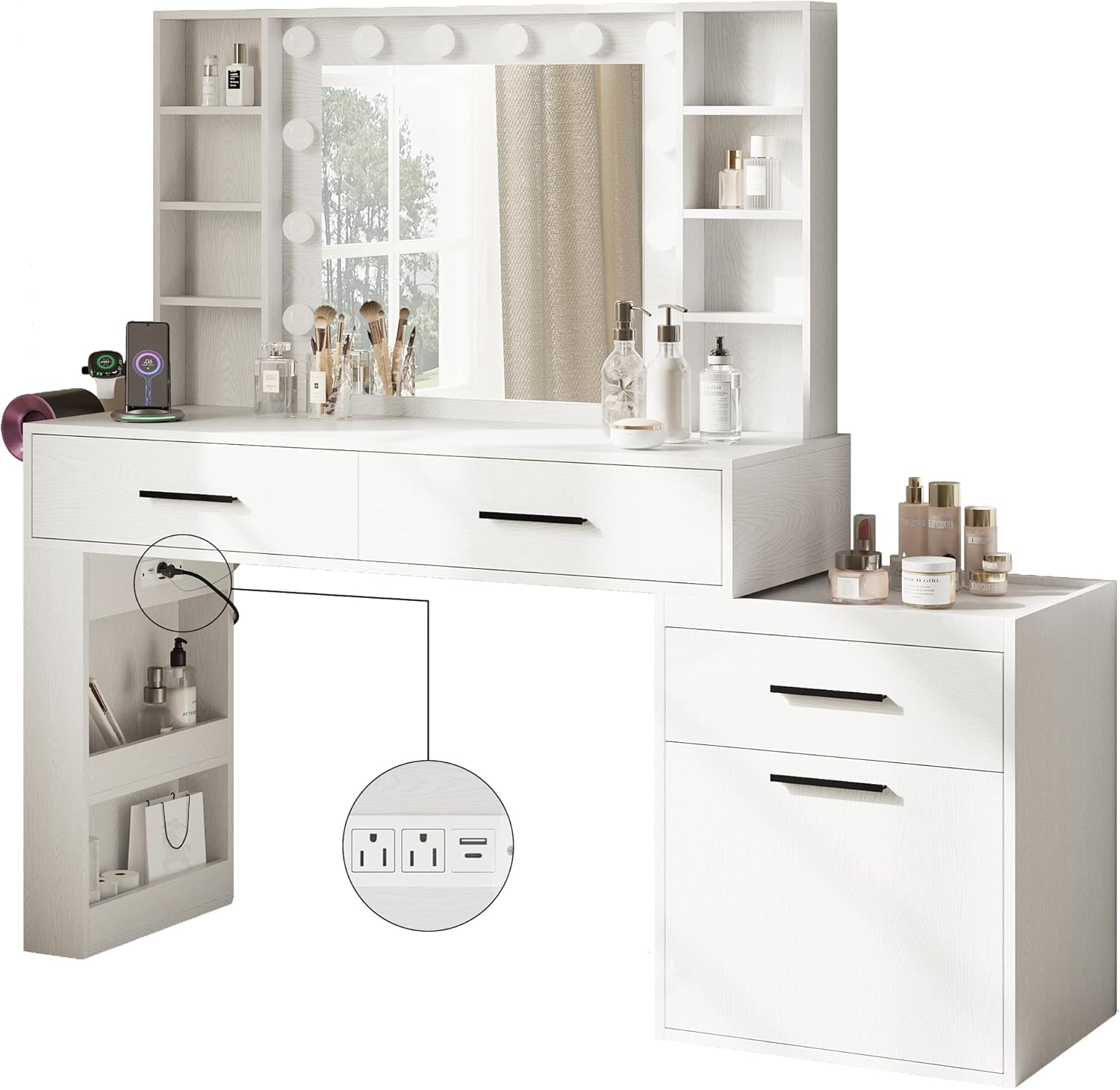 Vanity Desk 57", Convertible Makeup Desk with 24"×19" Mirror & 3 Light Modes, Modern Large Dresser Featuring Charge Station and Ample Storage for Bedroom