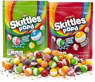 ASSORTIT X Skittles POP’D Freeze Dried Candy, 2 Pack (5.5 Oz Each, Total 11 Oz), Original And Sour Mix Flavors, Crunchy Fruity Candy Snack, Resealable Bags