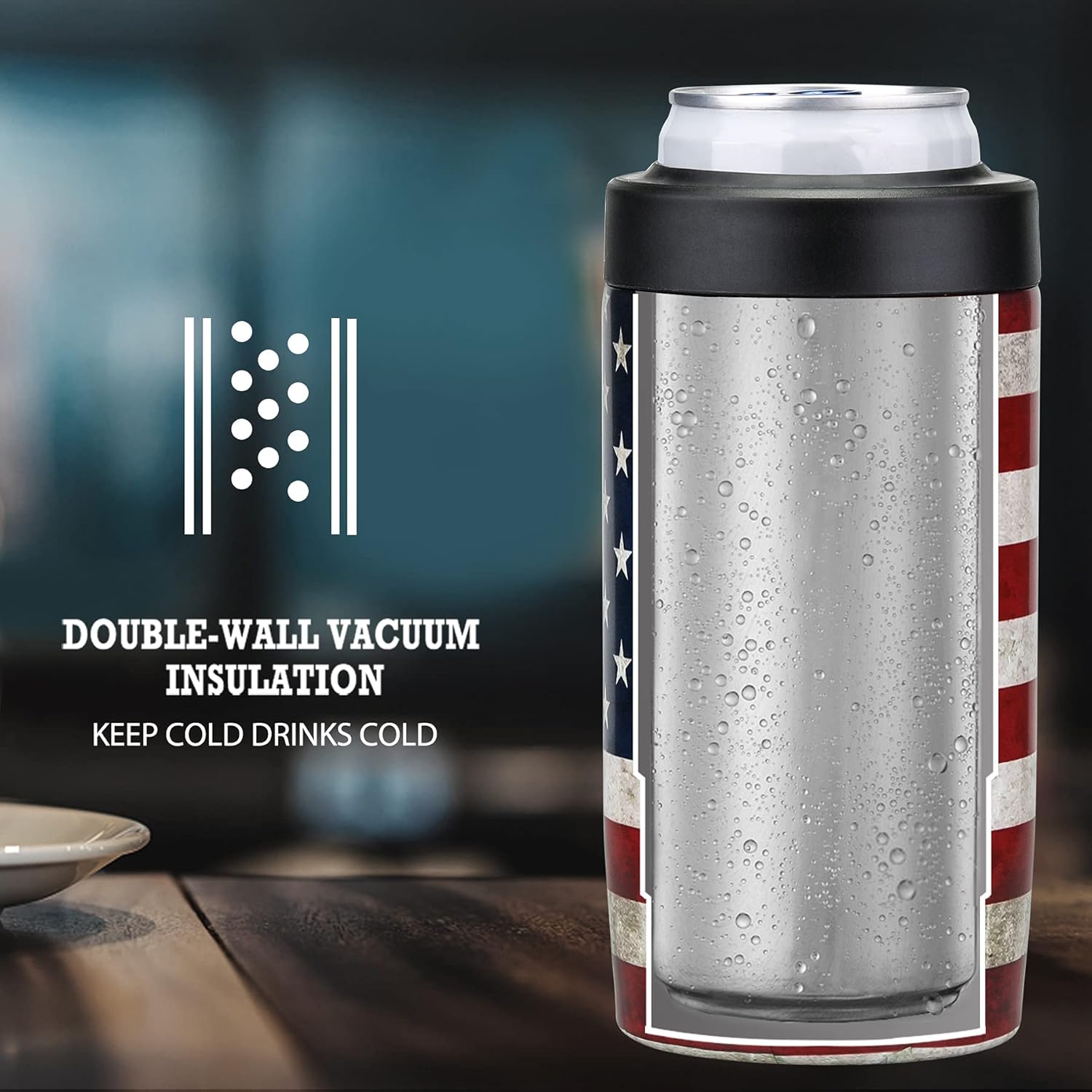 2 Pack Slim Can Cooler, 4-IN-1 Can Insulator for 12 Oz Beer & Soda, Double Wall Stainless Steel Can Sleeves Keep Your Beverages Cold (American Flag&Black) : Everything Else