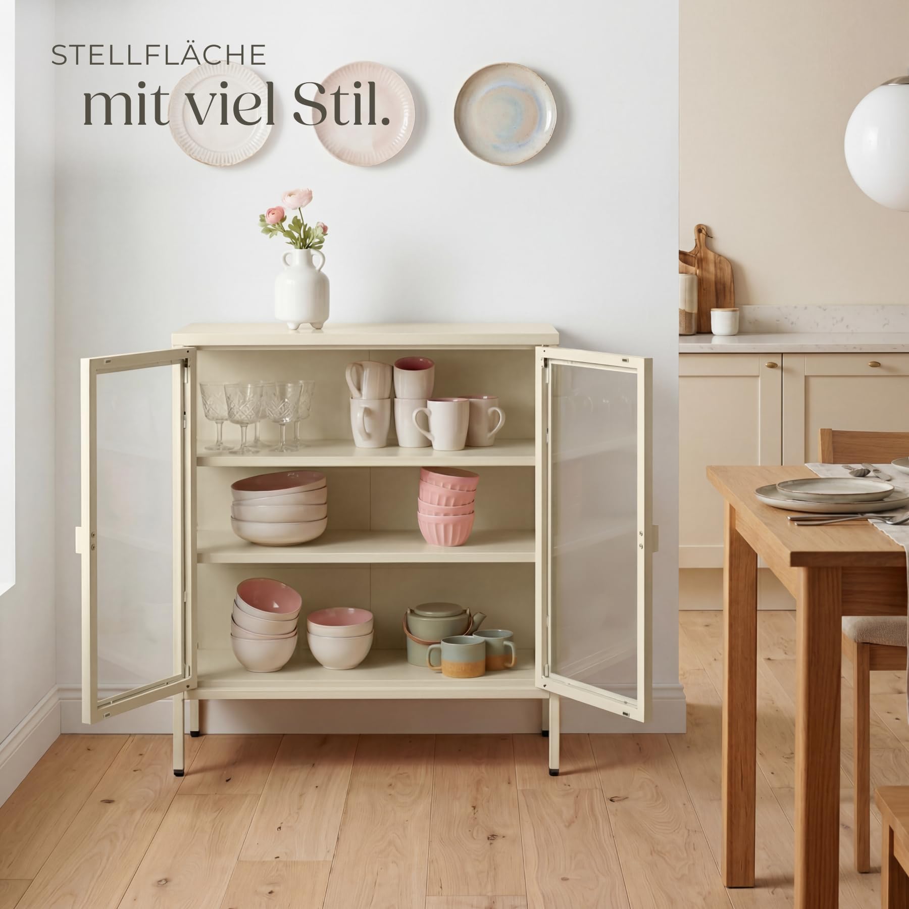 tectake® Metallvitrine 80x37x90,5 cm, Magnetverschluss, verstellbare Zwischenböden, Kippschutz, verglaste Front, Metall-Ausstellungsvitrine, Metall-Glasvitrine, Metallschrank, Displayvitrine - Creme