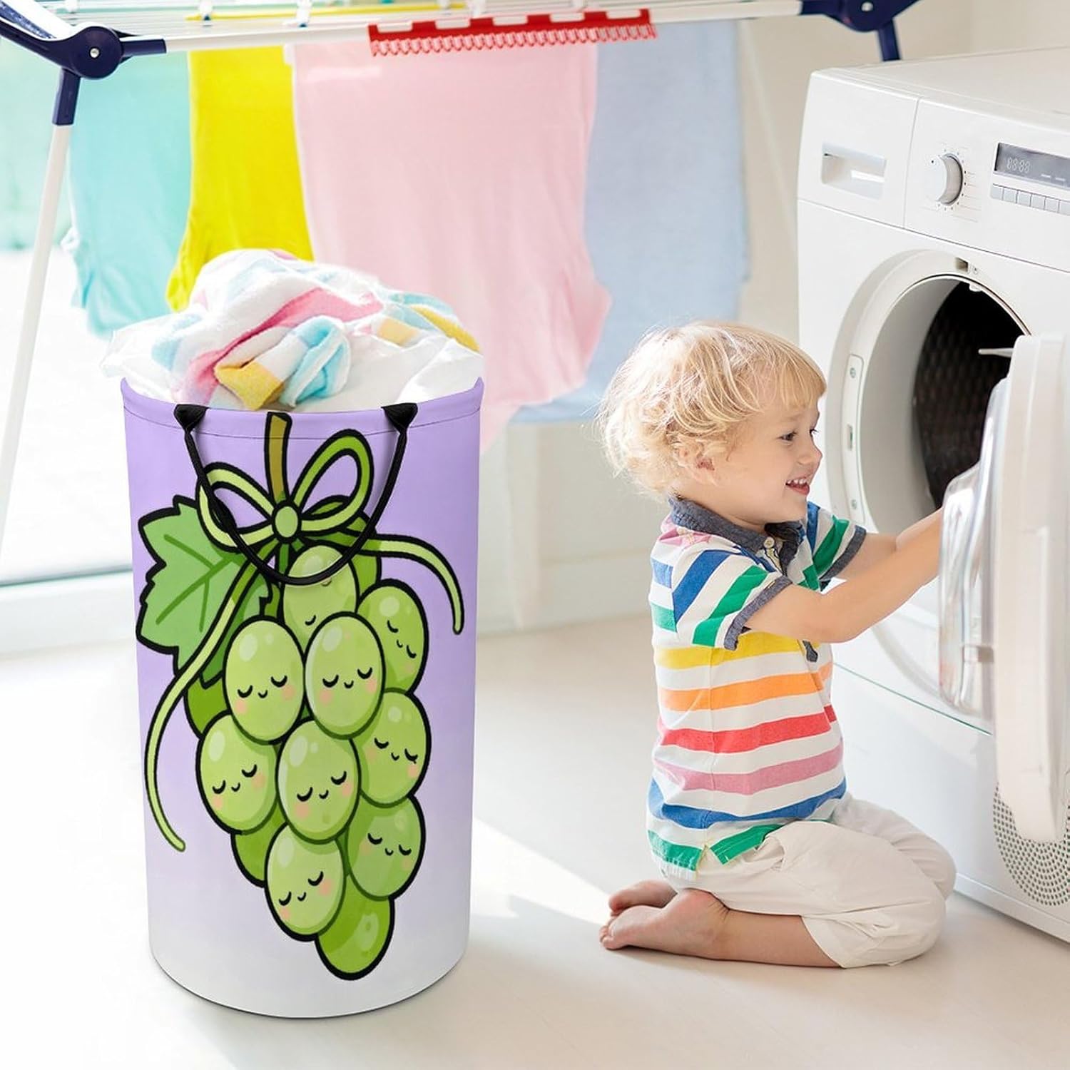 Green Fruit Vegetables Laundry Hamper with Handles Waterproof Collapsible Laundry Basket Large Lightweight Round Dirty Clothes Hamper for Home Dorm Bathroom Decor