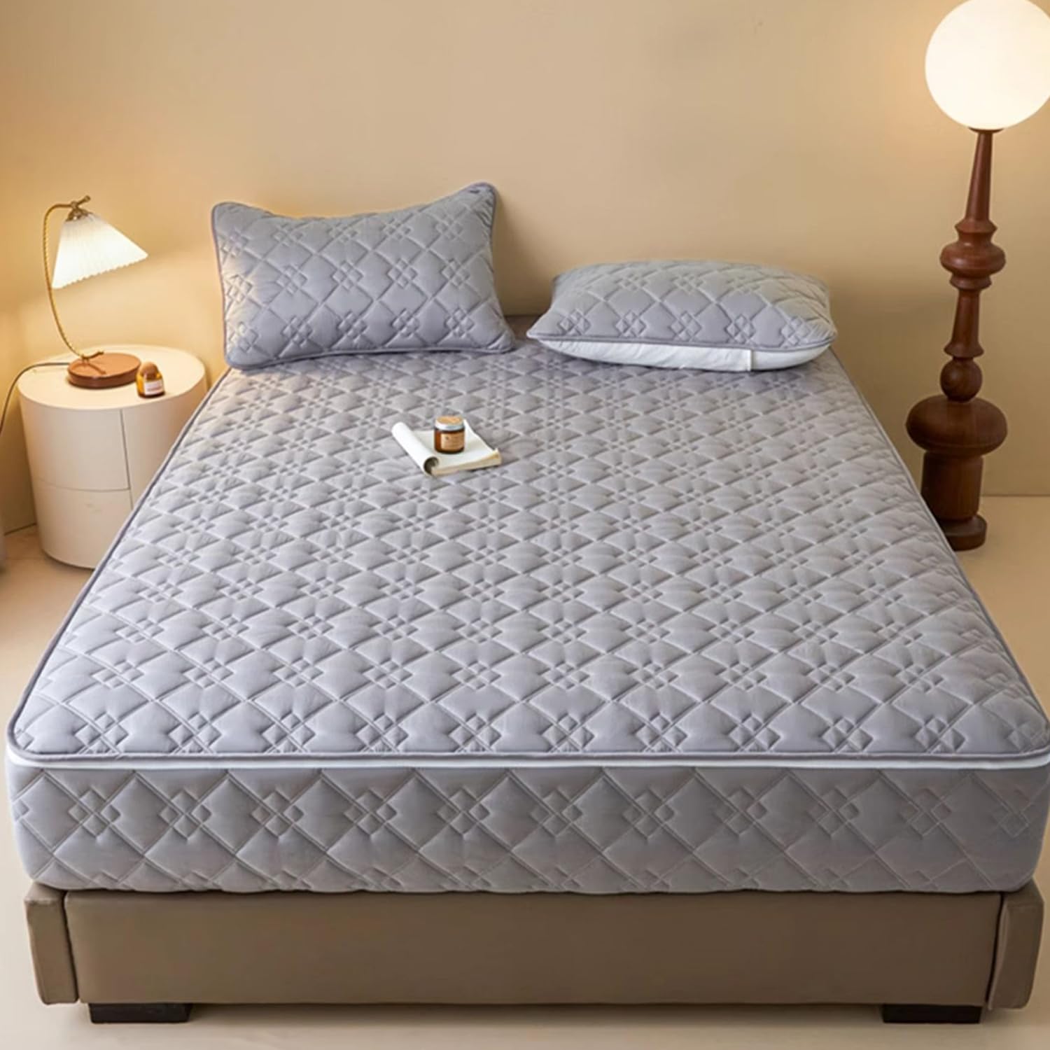 Protector de colchón 100 % algodón de alta calidad, color gris, 180 x 200 + 25 cm, funda ajustable de 6 lados, resistente al polvo, impermeable, ideal para camas dobles/individuales, perfecto para uso