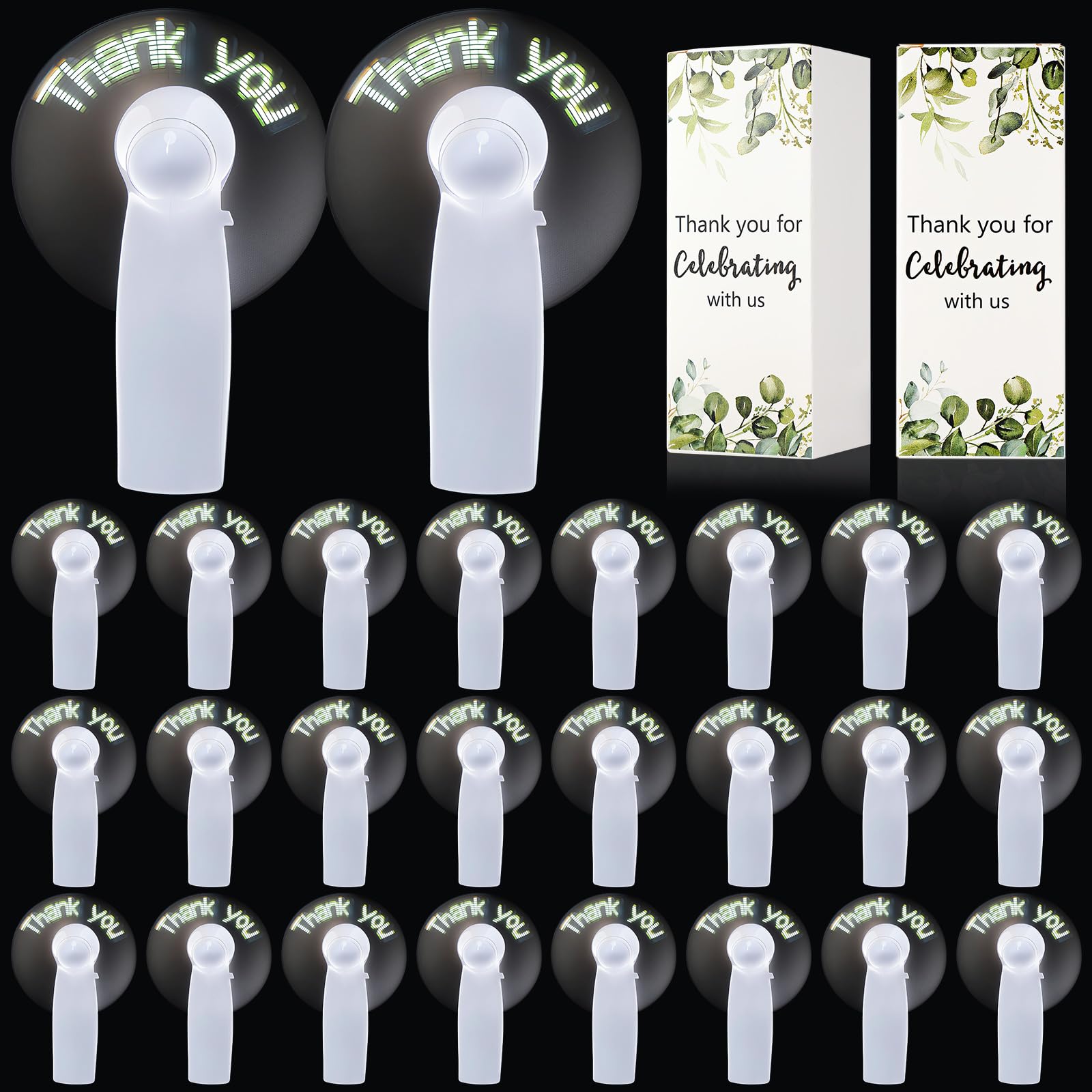 Retisee Confezione da 25 mini ventagli portatili alimentati a batteria, ideali come regalo per gli ospiti, con LED di ringraziamento, per feste estive, addio al nubilato, feste, batterie non incluse