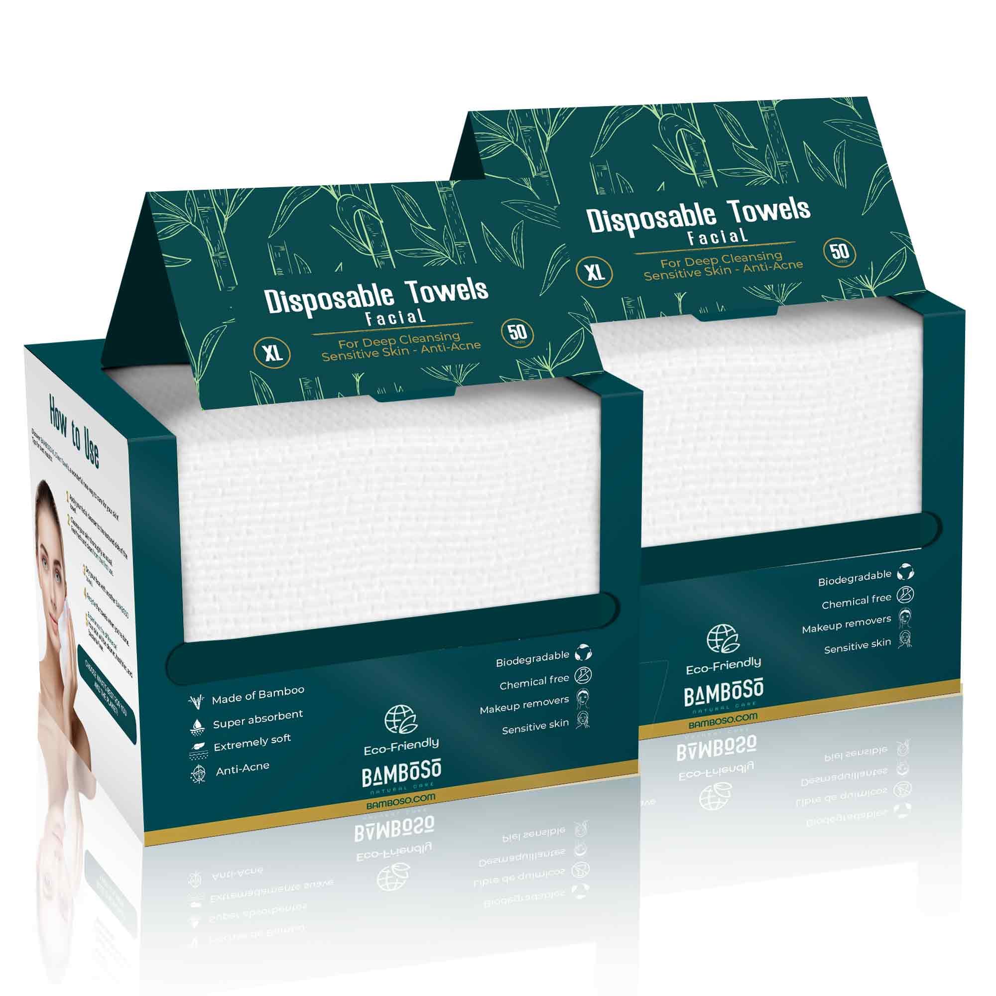 PACK 2 szt. Biodegradowalne ręczniki jednorazowe do twarzy wykonane z bambusa do skóry wrażliwej 100 sztuk rozmiar XL duży | Jednorazowe suche chusteczki do twarzy przeciw trądzikowi (2