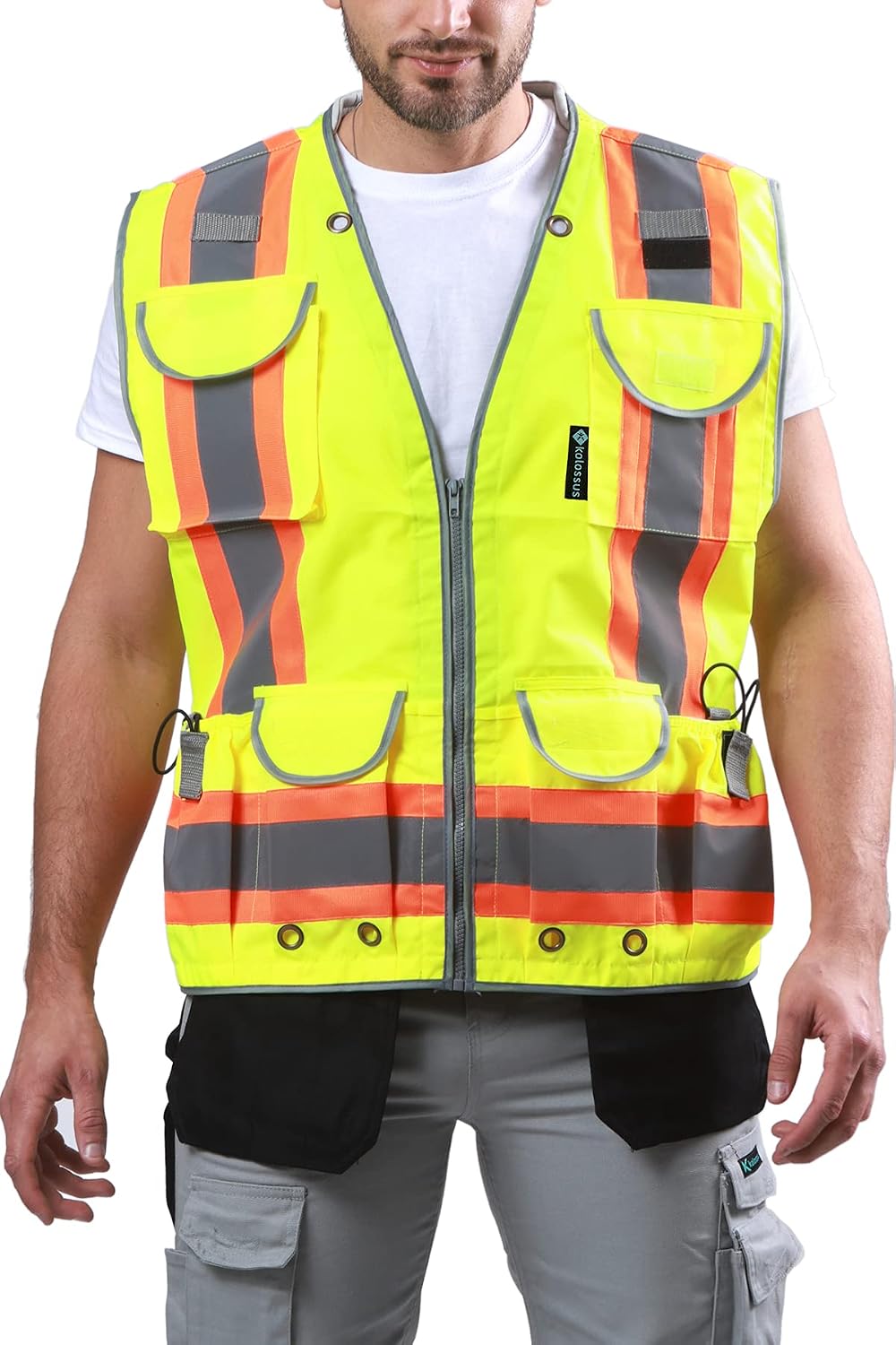 Work Vest High Visibility Safety Vests With Pockets Class 2 Padded Neck Zippered Reflective Tape Construction