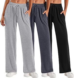 Paquete de 3 pantalones deportivos holgados para mujer con bolsillos, pantalones de yoga de pierna ancha, cómodos y gruesos, con cordón, casuales, holgados