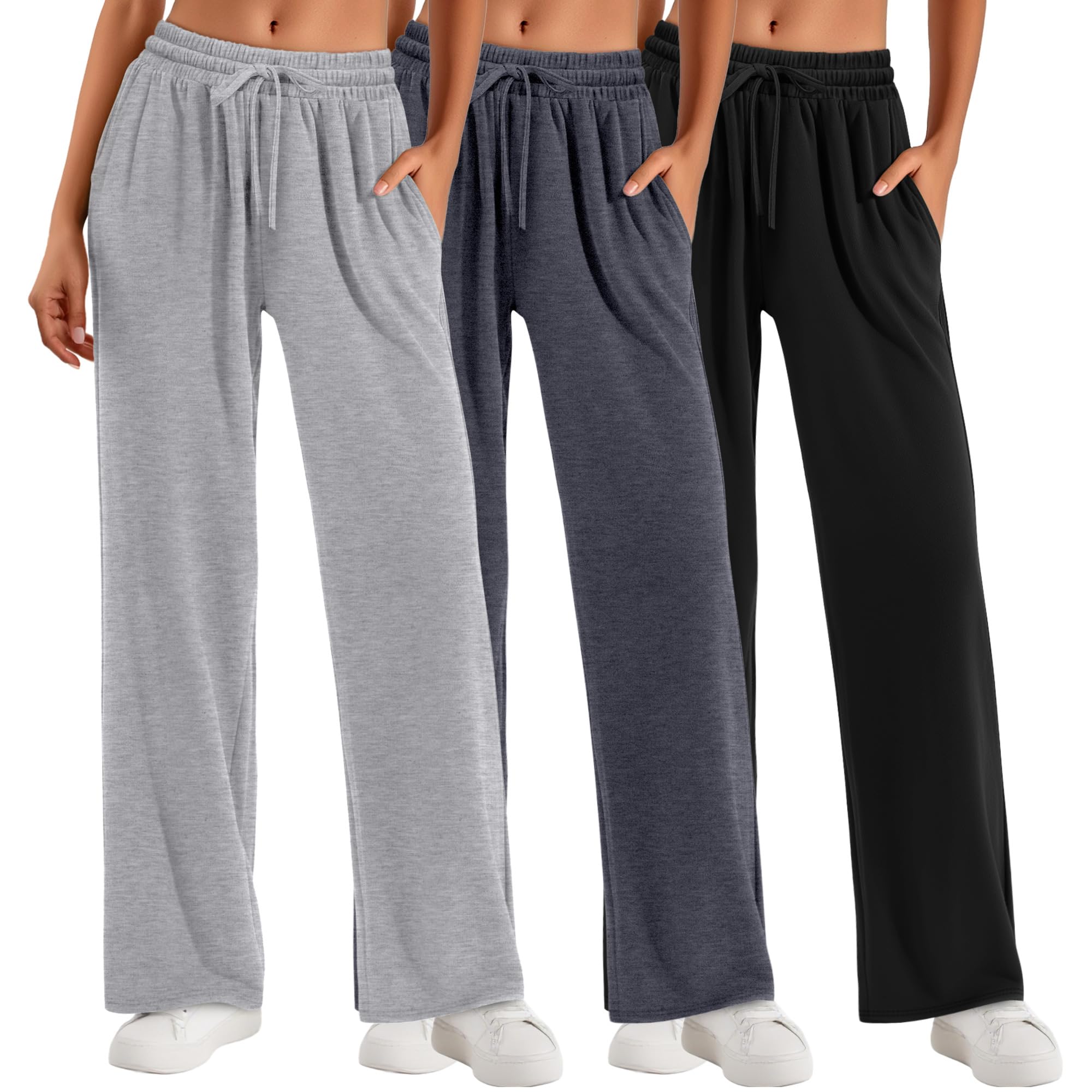 Neer 3 Pack Women's Baggy Sweatpants with Pockets, Wide Leg Yoga Pants Cozy Thick Lounge Pants Drawstring Casual Loose Jogger