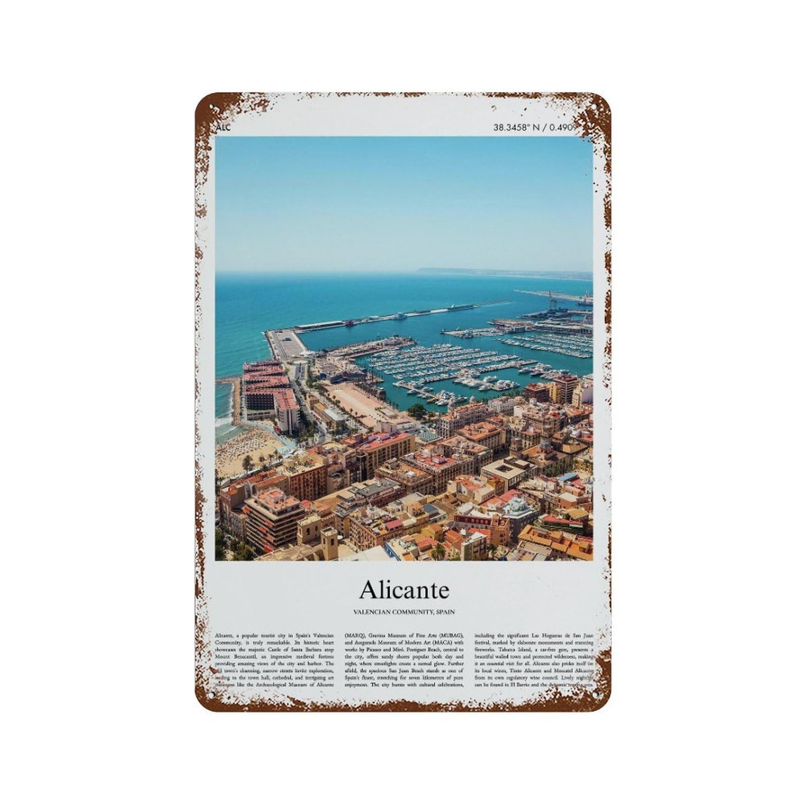 xiaoxiaoshen Alicante Spain City Scenery Wall Decor Art Metal Tin Poster Modern Home Decor Art Home Bar Shop Decorations Vintage Sign 30x20cm