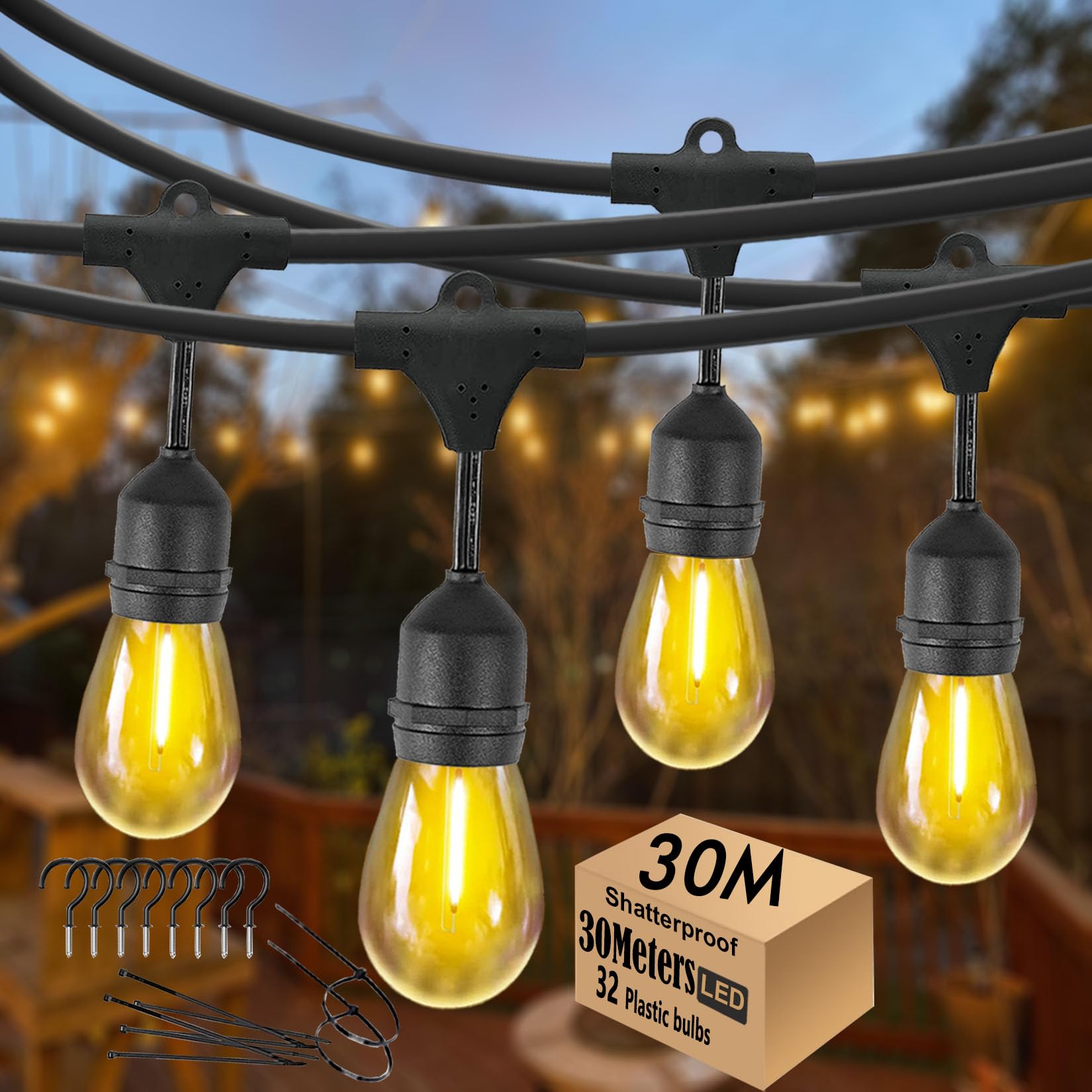 30M Festoon Lights Outdoor E27 IP65 Waterproof Festoon Lights Outdoor String Lights 4.4M Extension Cable Included, 30+2 Shatterproof S14 2700K Bulbs for Pergola Garden Backyard Fence, Linkable โ image 1