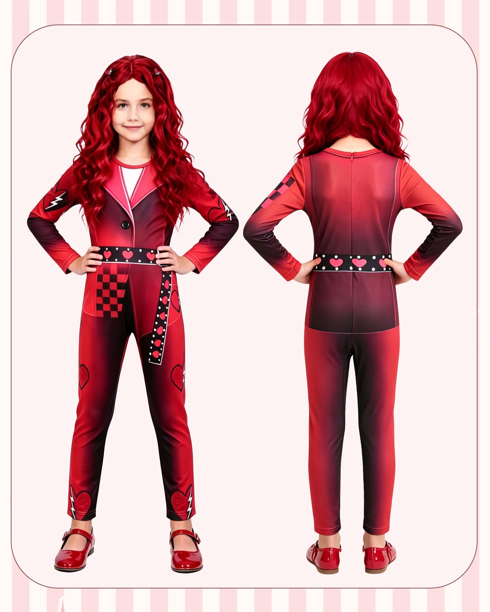 Red Wonderland Costume with Wig Girls Princess Dress for Kids 5-12 Years, Red-2-wig, 9-10 Years - Image 2