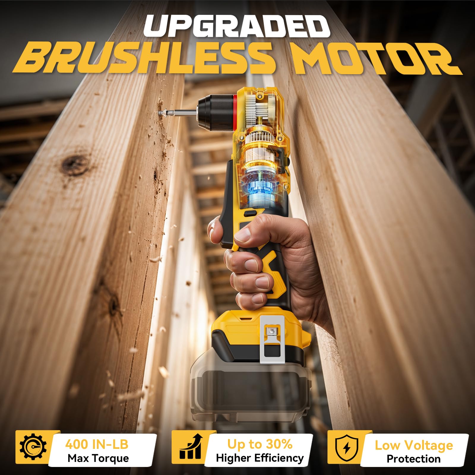 DIYtoolifz Trapano ad angolo retto senza fili compatibile con batteria Dewalt da 20 V, trapano angolare da 1 cm con motore brushless, 45,19 N·m, 2 velocità e luce LED, compatto per spazi ristretti