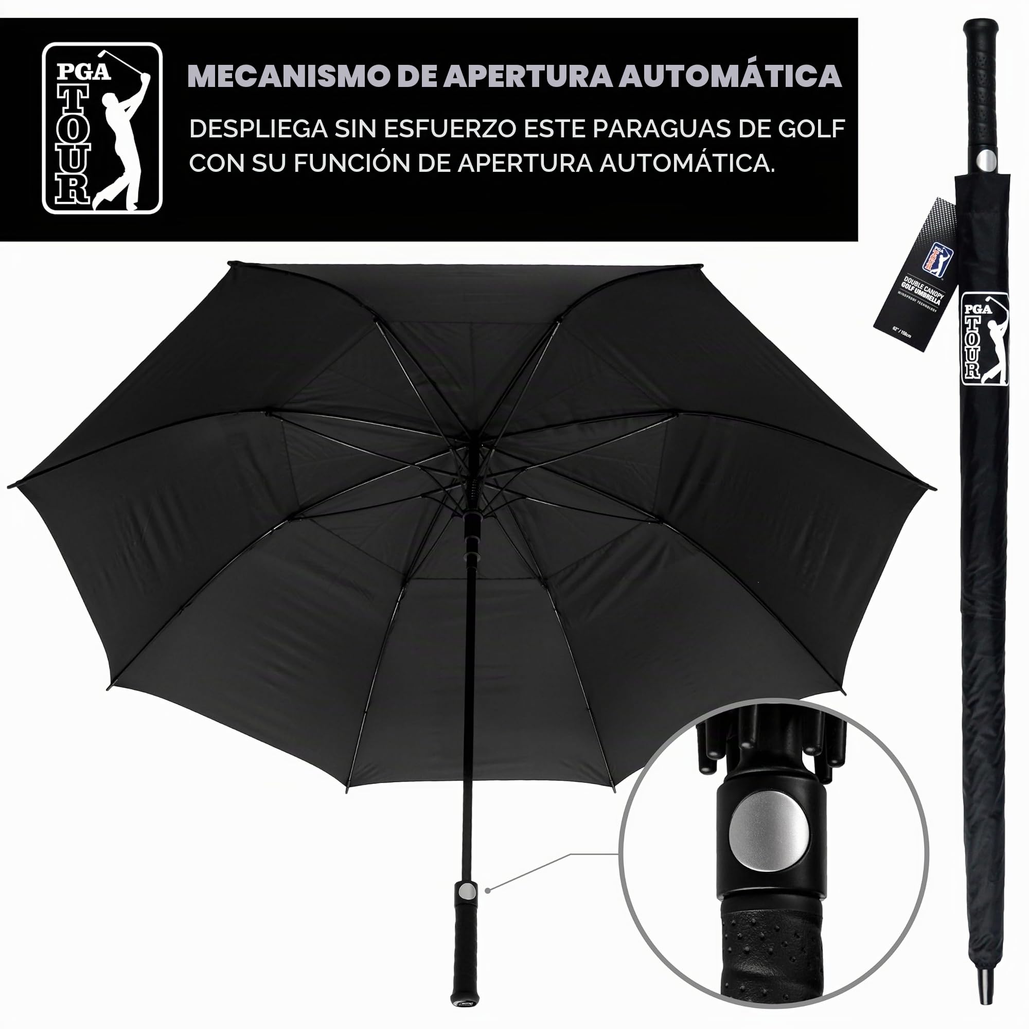 PGA TOUR 62-Inch Golf Umbrella - Windproof Double Canopy, Mens Umbrellas with Auto Open, Fibreglass Shaft, Non-Slip Handle, Velcro Straps, Rainproof Cover - Golf Umbrella Windproof