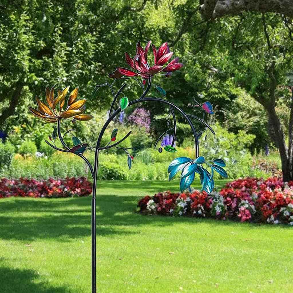 Large Metal Wind Spinner with Three Spinning Flowers Butterflies Windmill Decor Outdoor Yard Garden Art Decoration