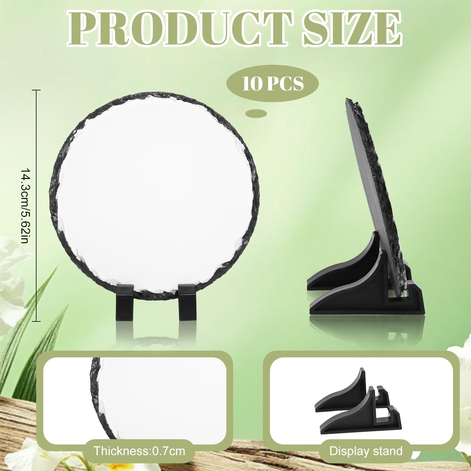 10 Stück Sublimationsschiefer Rohlinge 15 cm rund maßgefertigter Steinschiefer mit Display-Ständer Wärmeübertragung Sublimation Plaque Rock Foto Bilderrahmen für DIY Heat Press Machine Desktop