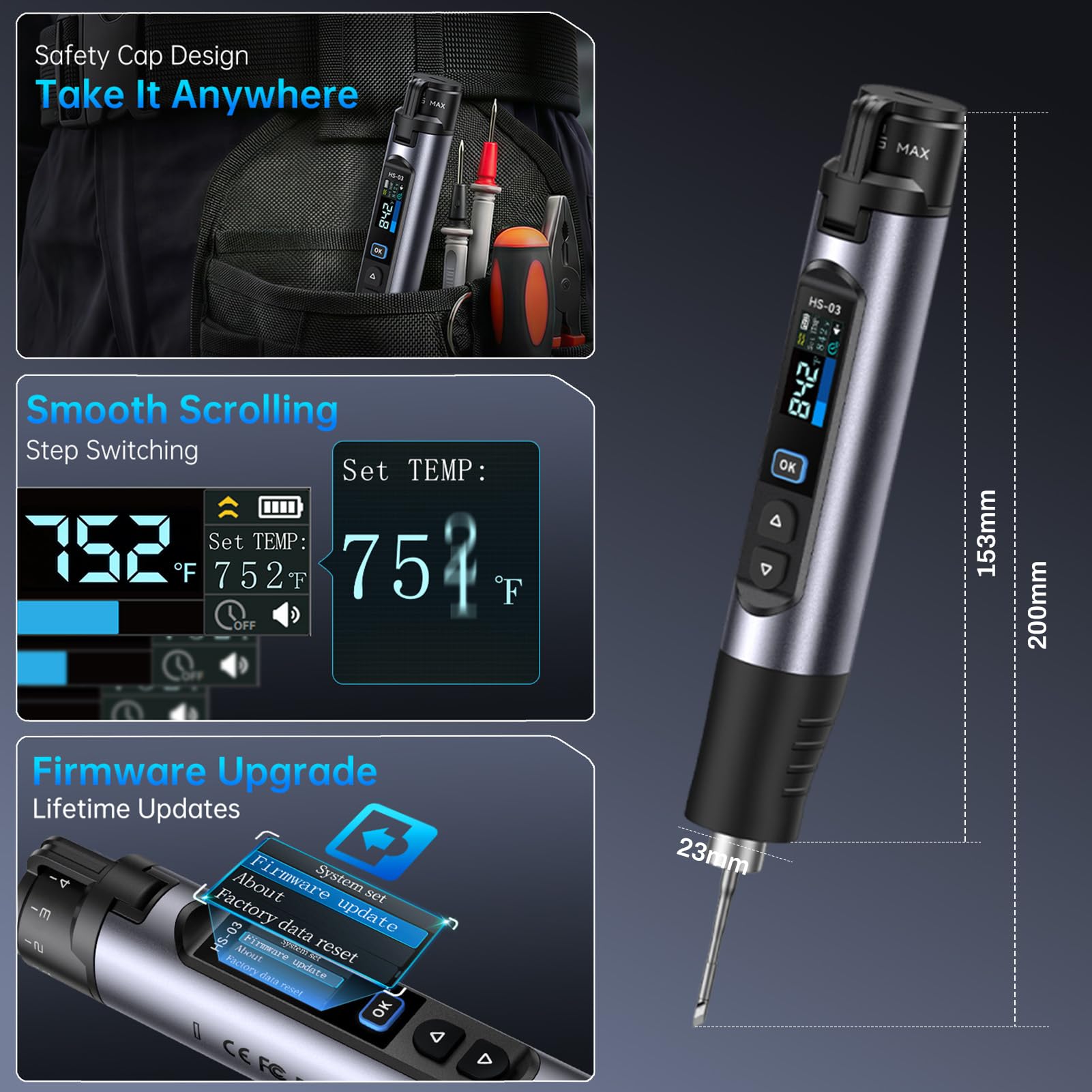 Saldatori di Senza Fili, HS-03 Set Saldatore Portatile, diriscaldamento rapido in 7 secondi, 5 impostazioni di temperatura 100~450 °C, Saldatori UBS-C ricaricabile con display LCD, 3 punte saldatura