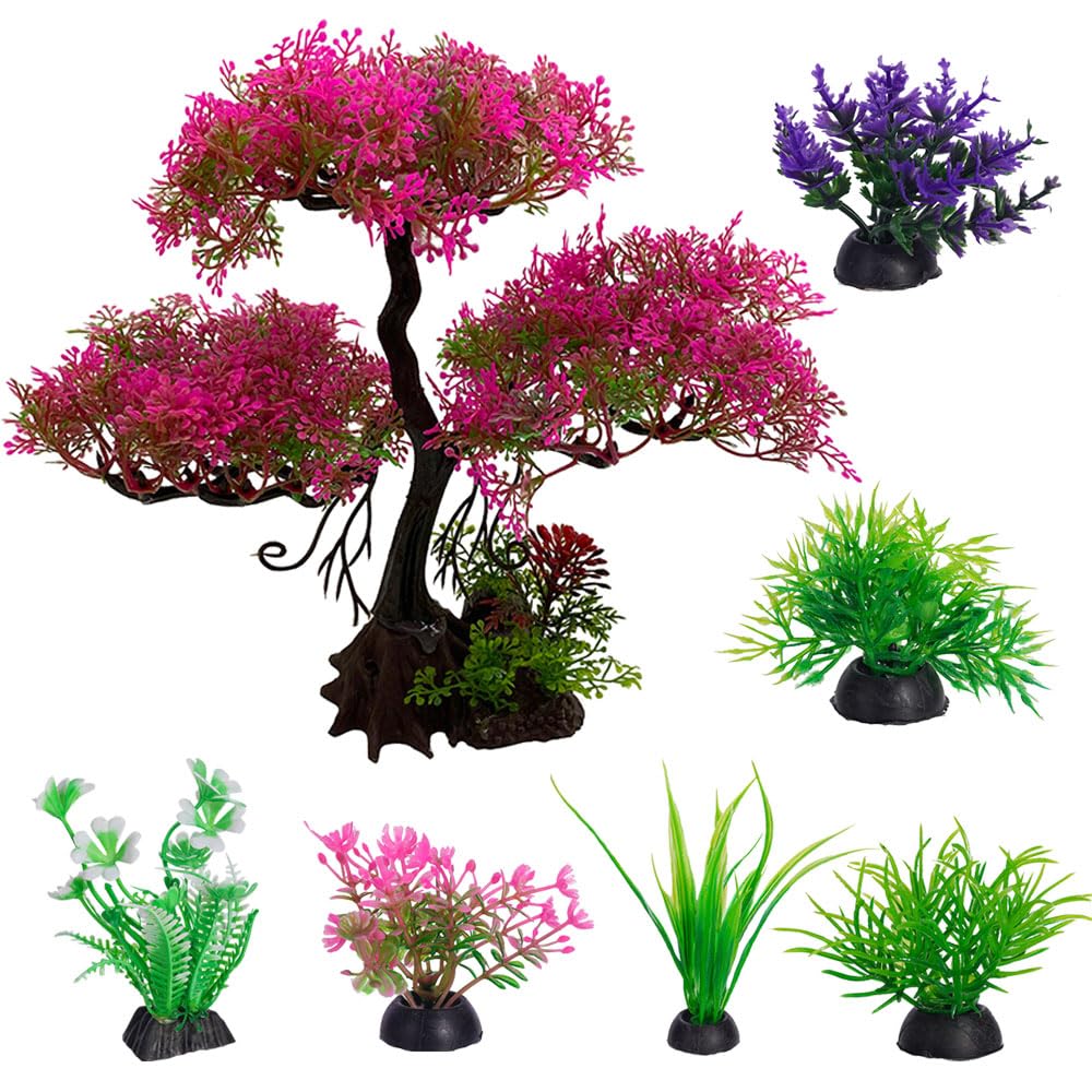 HOOTO 7pcs Aquarium Artificial Plastic Plants Decoration, Artificial Aquatic Plants Lifelike Décor, Fish Tank Decorations for Betta Goldfish Pink