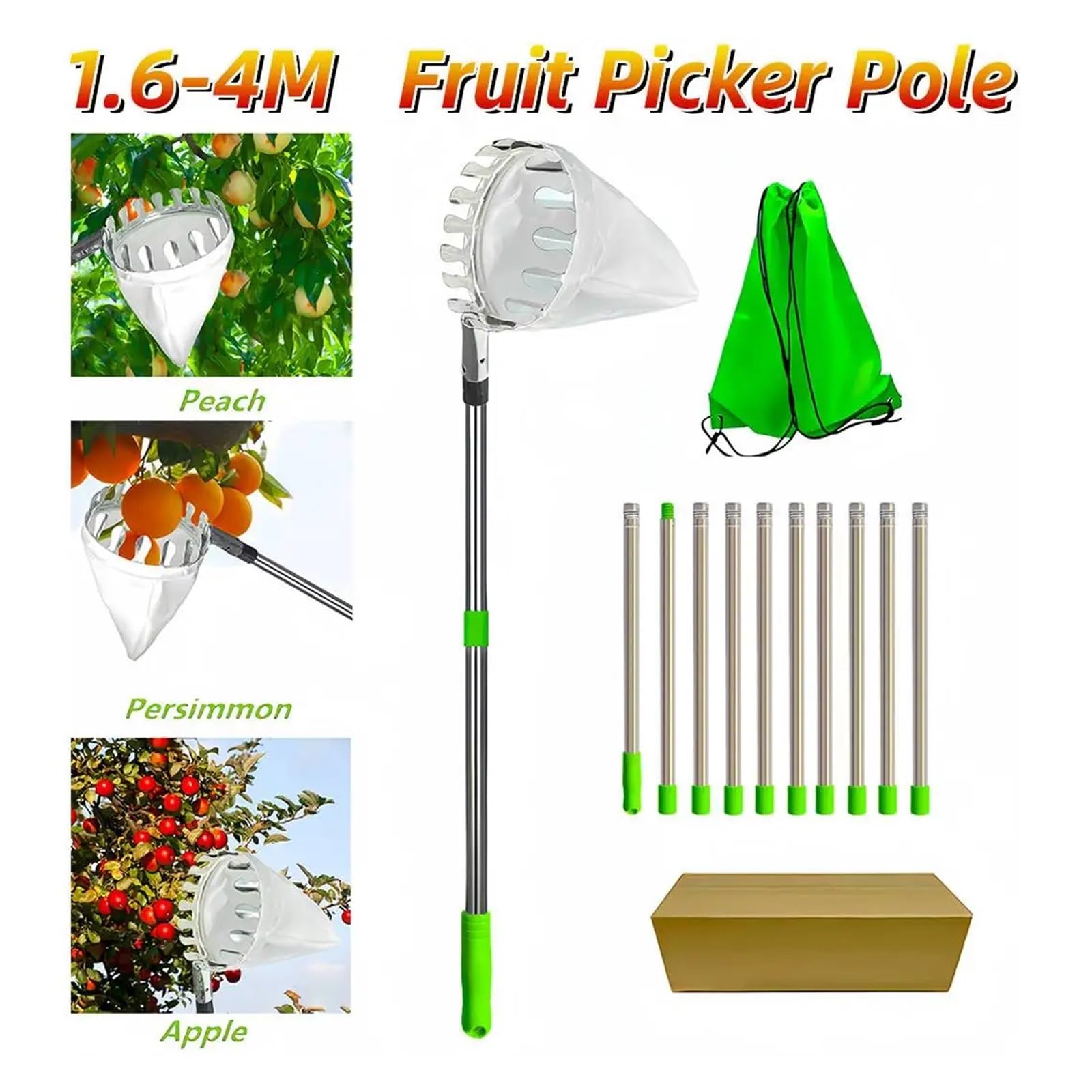Cueille Fruit Perche à Fruits avec Panier télescopique réglable de 1,6 à 4 m for cueillir Pommes, mangues, Citrons, Oranges et Cerises.(2.0m)