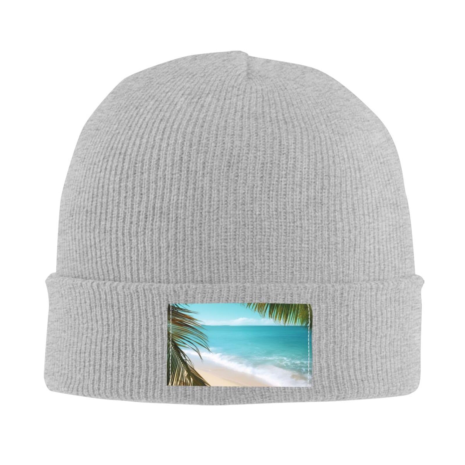 Ocean Sea Beach Palm Leaves Beanie Hat for Men Women Warm Knit Cuffed Beanie Soft Warm Ski Hats Skull Cap