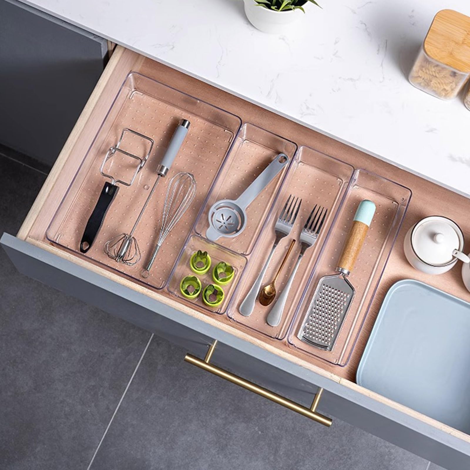 Vassoi trasparenti per cassetti organizer Set contenitori multi-formato per cucina, bagno, camera da letto e ufficio Organizer per cassetti trasparente PET