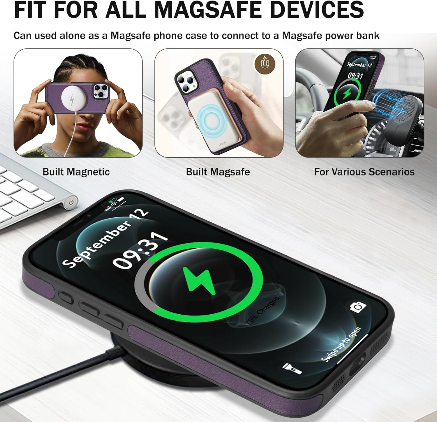 for iPhone 12 pro max Wallet Case, 2-in-1 Detachable Phone Case, Card Holder RFID Blocking, Fashionable Faux Leather Card Slot & Folding Design (Purple 6.7'')