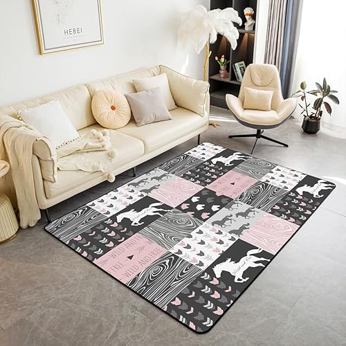 Alfombra de unicornio para niñas, de 5 x 7 pies, para dormitorio, alfombra antideslizante de caballo blanco femenino, alfombra de vaquero