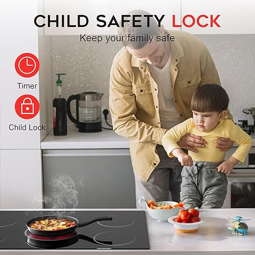 Vista 45 de Noxton Placa de cocina de cerámica, 4 quemadores incorporados, estufa eléctrica, cocina eléctrica con control táctil, temporizador de bloqueo