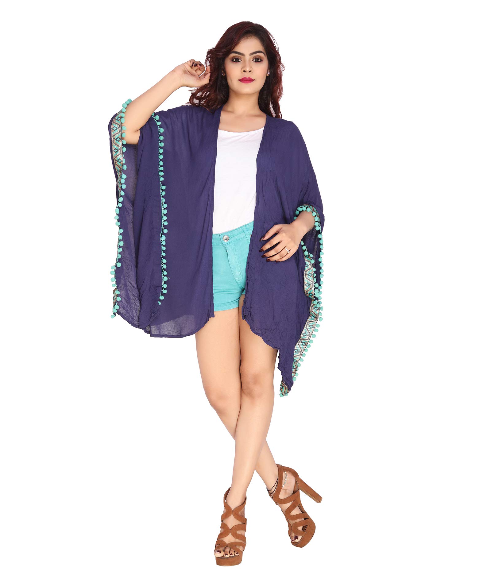 Womens Rayon Solid Coverup (Freesize) with Lace and Poms Navy-image-14
