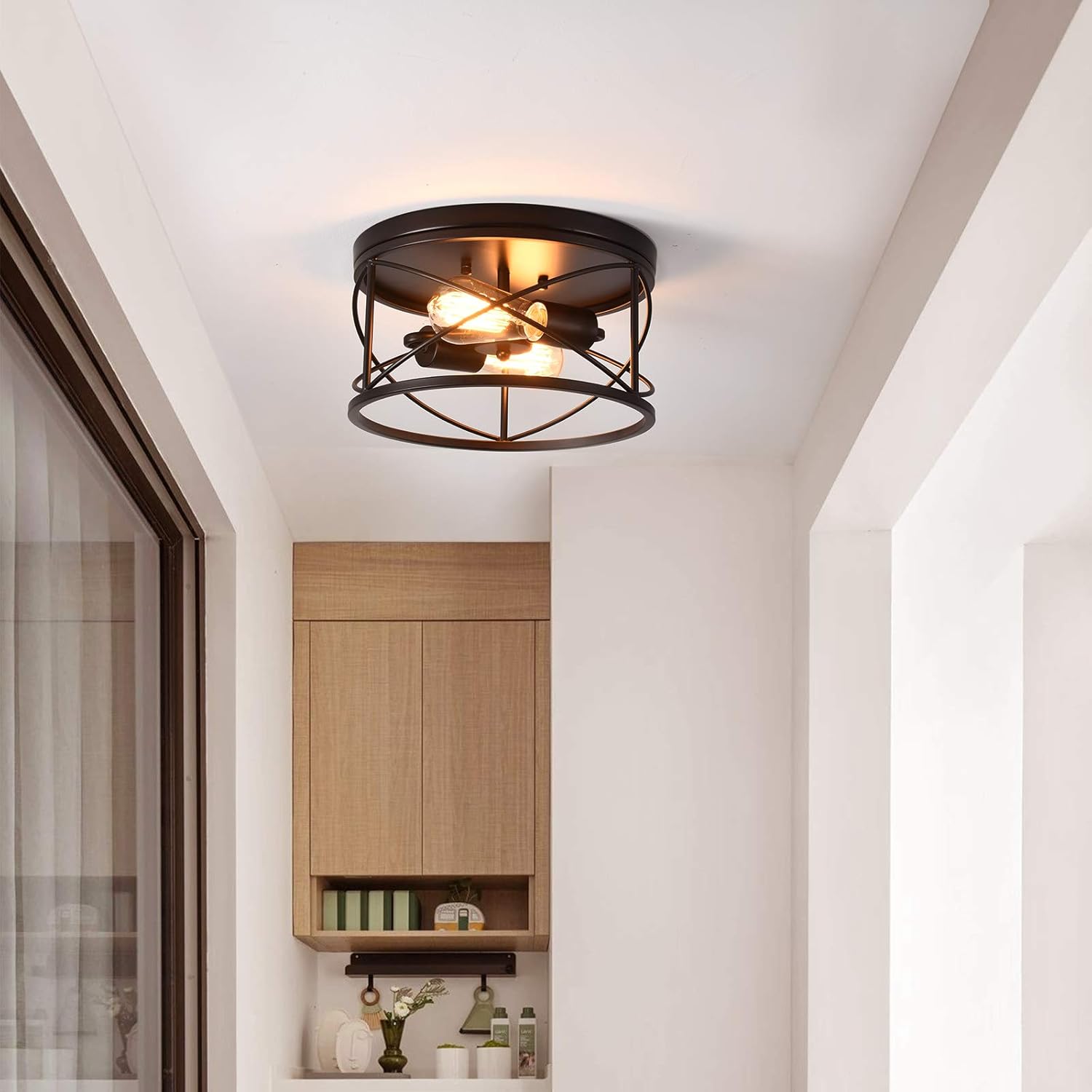 2-Light Flush Mount Black Ceiling Light Fixture, Farmhouse Vintage Industrial Metal Cage, Dimmable for Hallway Kitchen Bedroom Living Room Laundry Utility Room Closet Bathroom Entryway Office