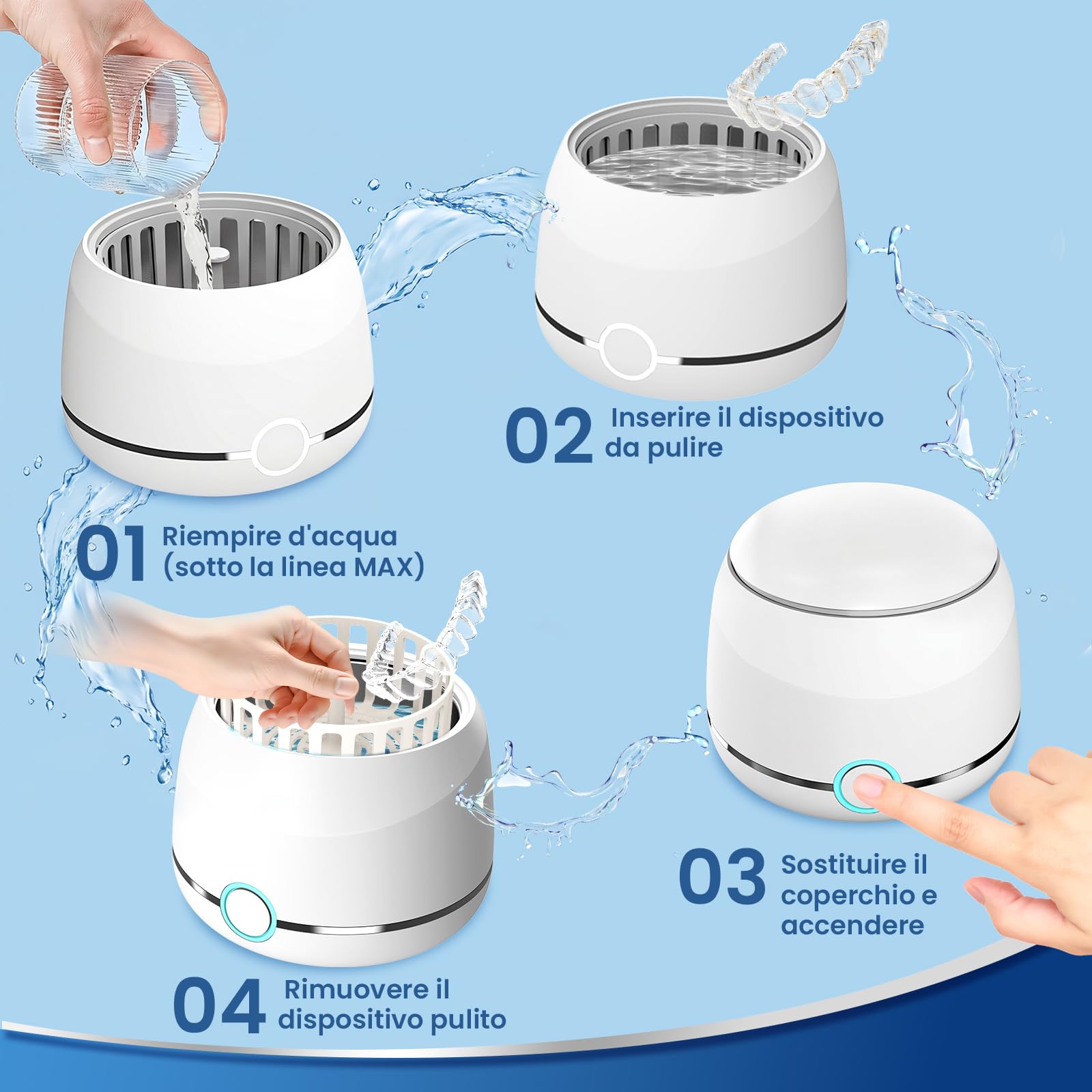 Pulitore Ultrasuoni, U-VKK pulitore ultrasuoni apparecchio denti da 45000 Hz, 2 modalità, Adatto per la pulizia di apparecchi ortodontici, testine di spazzolini da denti, gioielli, ecc