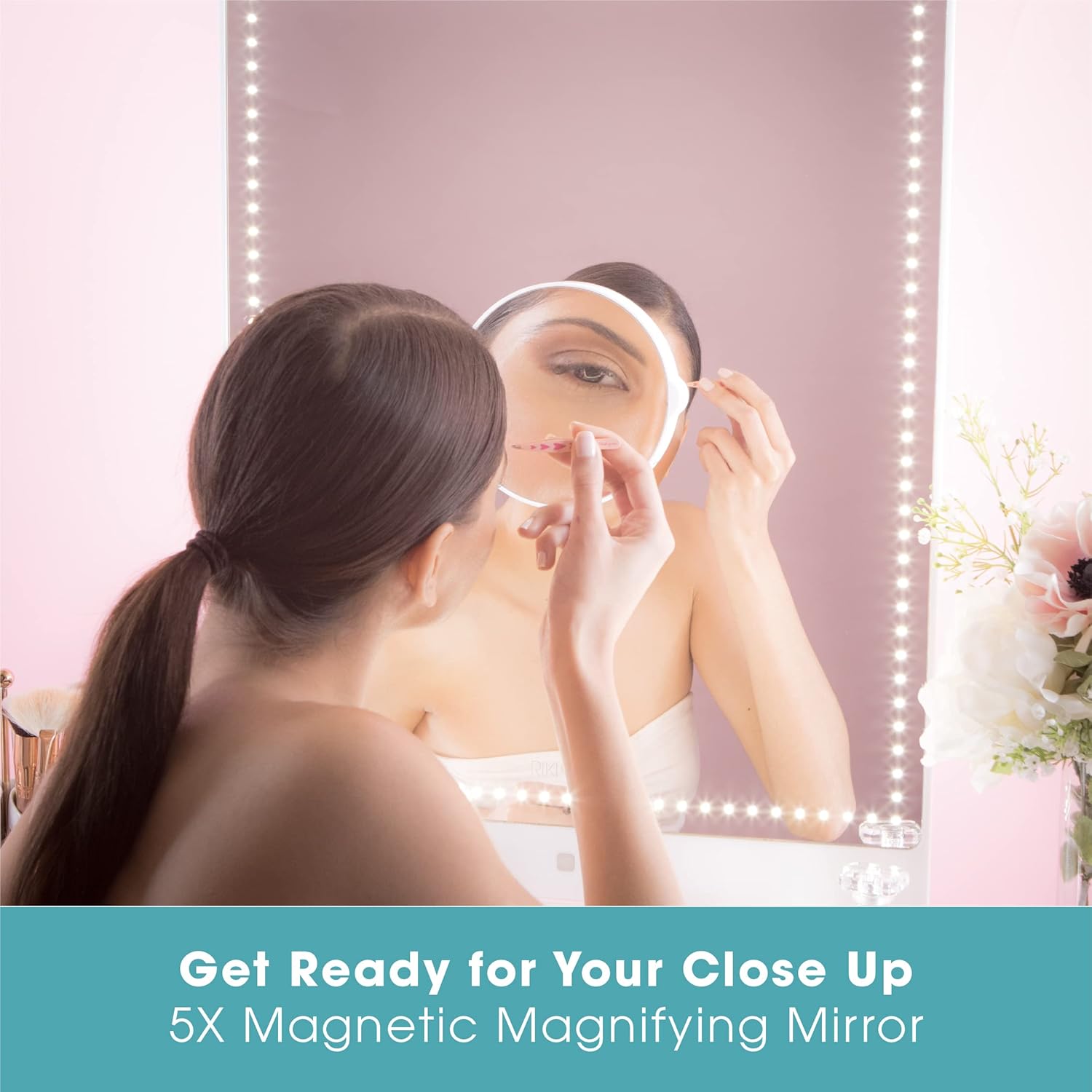 Riki Tall Vanity Mirror with HD LED Lights, Remote Lighting and Smartphone Control, Advanced High-CRI Glass, USB Charging, and Magnetic 5X Magnifying Mirror (White)