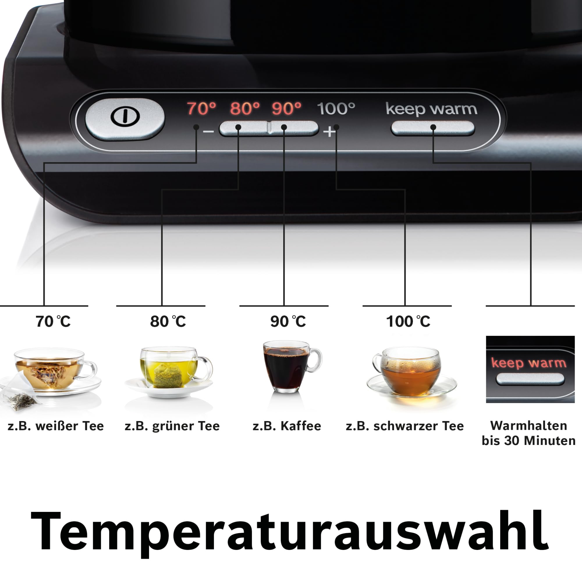 Bosch kabelloser Wasserkocher TWK8613P, Abschaltautomatik, Überhitzungsschutz, Temperaturwahl, Warmhaltefunktion, 1,5 L, 2400 W, schwarz