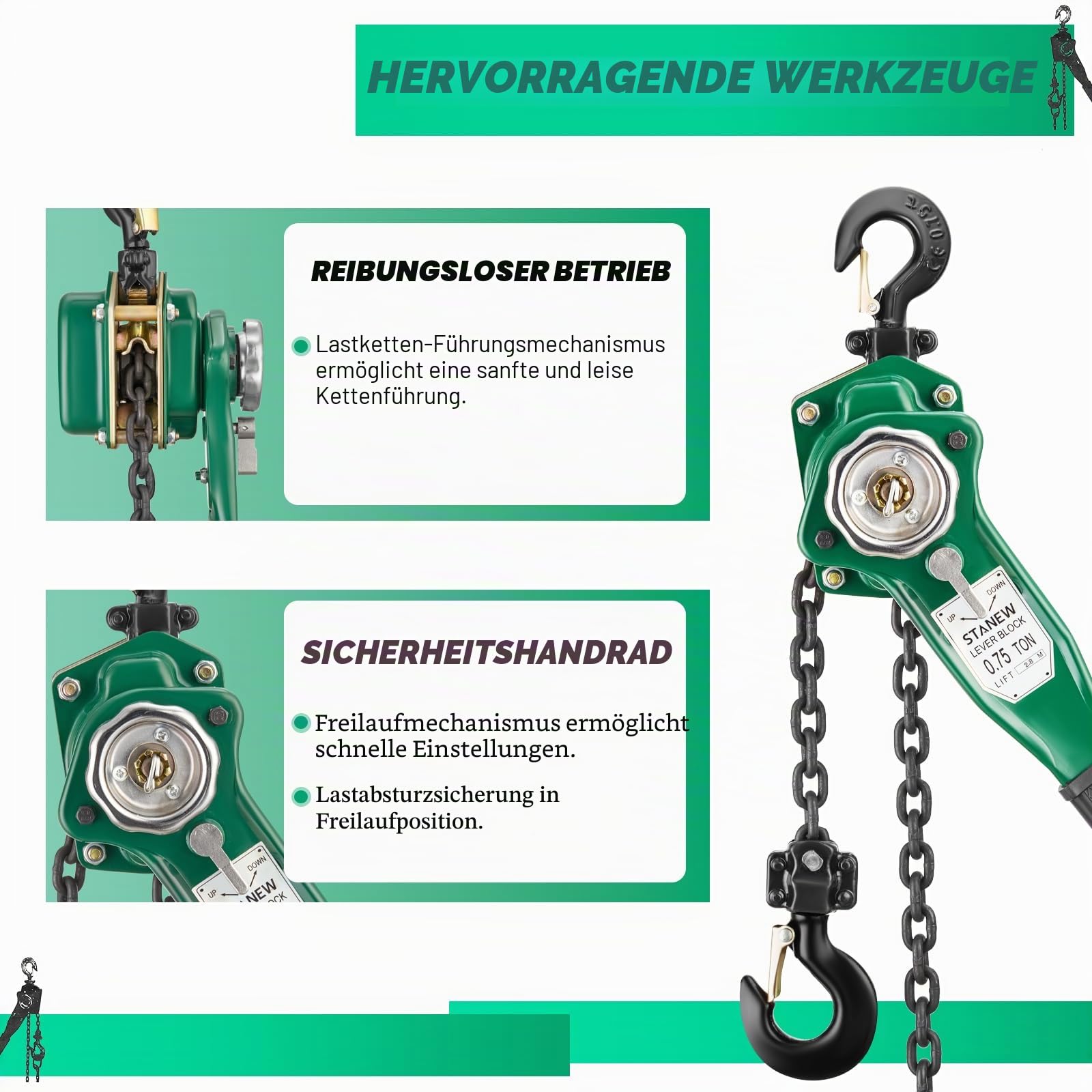 STANEW Hebelzug Kettenzug 0,75t, Hubhöhe bis 2,8m, Kette aus robustem Carbonstahl G80, mit 360° drehbarer Haken | Kette aus Kohlenstoffstahl G80, Haken 360° schwenkbar, mit Linguet. Kompakt, ideal für Werkstatt, Baustelle, Garage