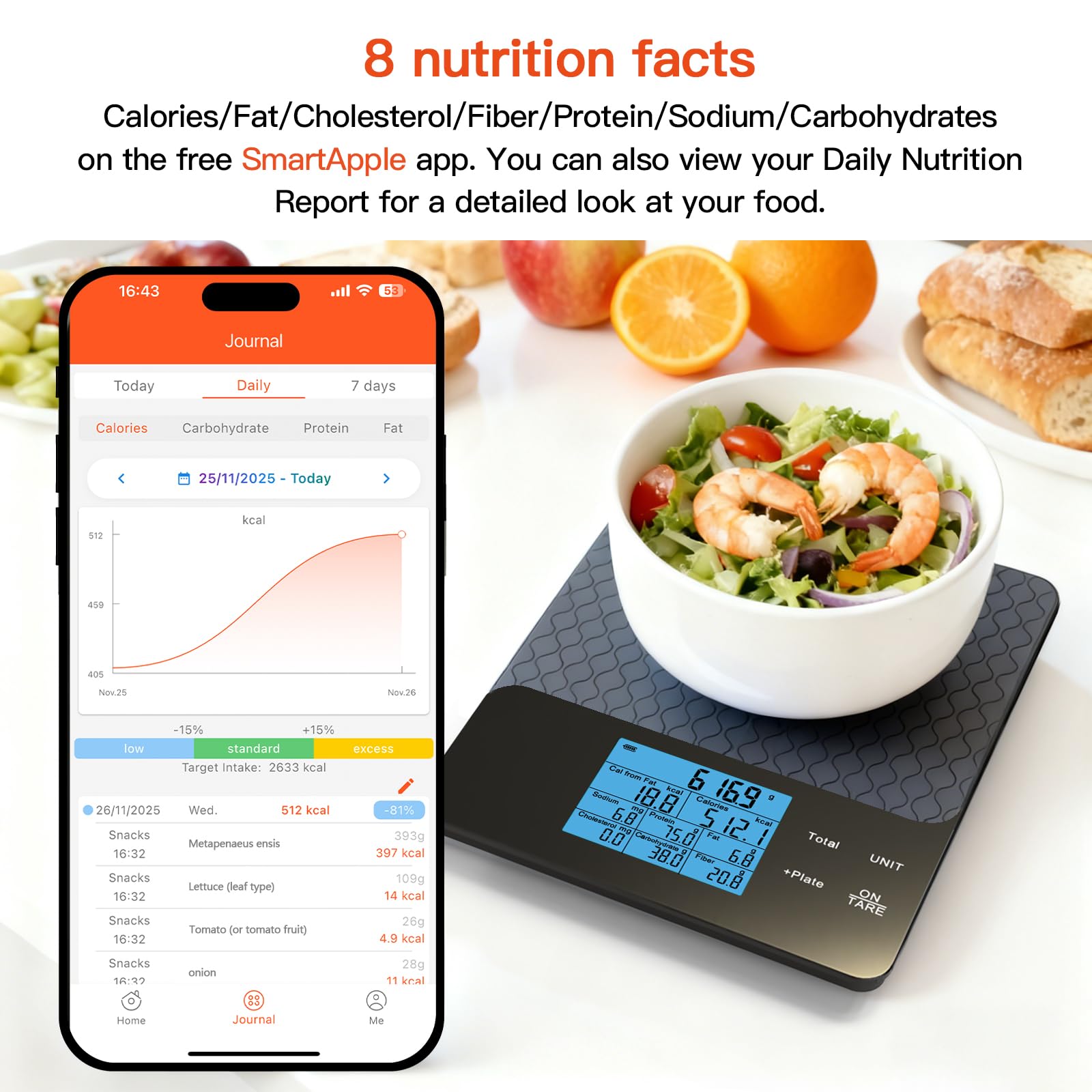 MAXUS Bilancia nutrizionale con controllo app, bilancia intelligente per alimenti e bilancia da cucina, capacità 2000 g/1 g, 5 unità, monitoraggio dei nutrienti, dati alimentari personalizzati